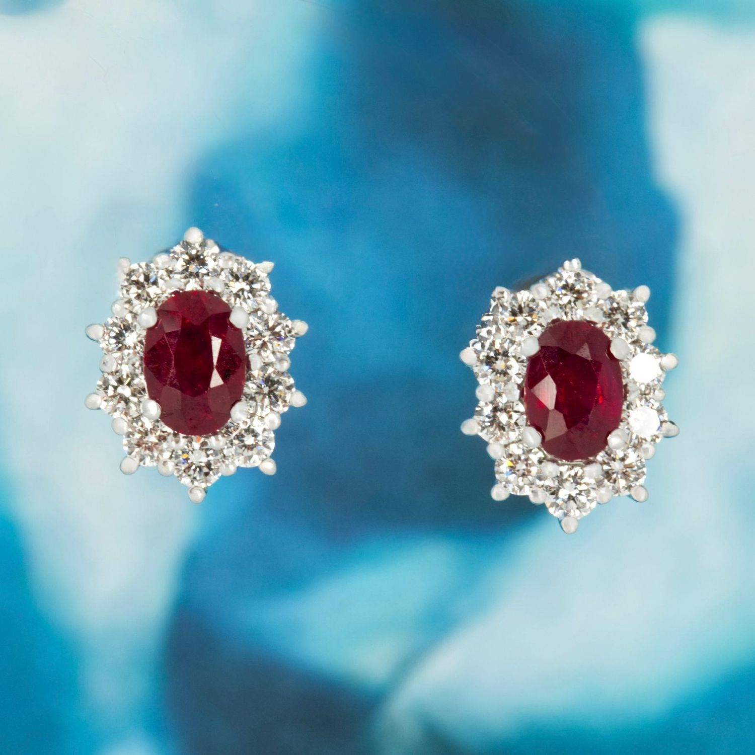 18ct White Gold Oval Cut Ruby & Round Brilliant Cut Diamond Cluster Stud Earrings