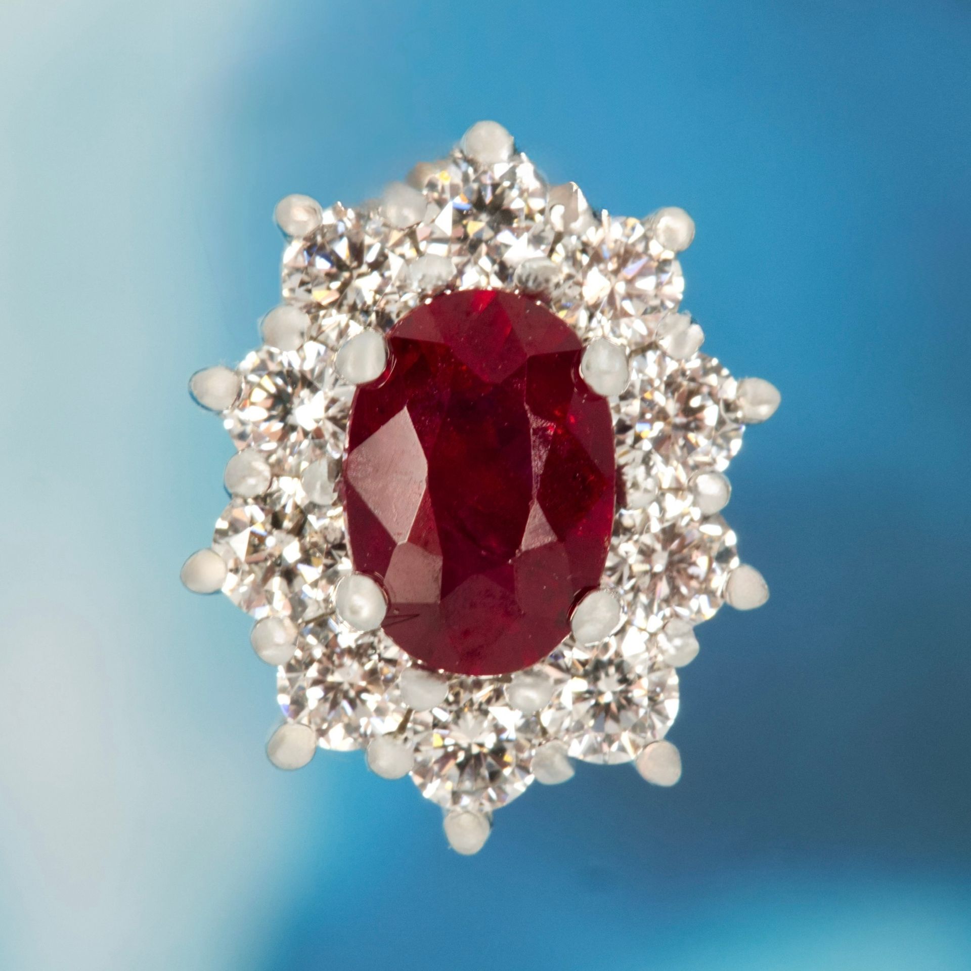 18ct White Gold Oval Cut Ruby & Round Brilliant Cut Diamond Cluster Stud Earrings