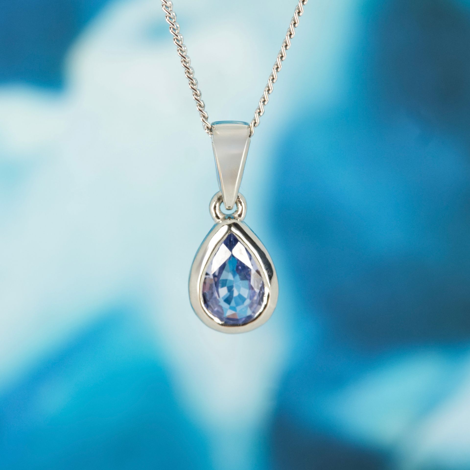 Platinum Pear Cut Lilac Sapphire Rub-Over Set Pendant & Chain