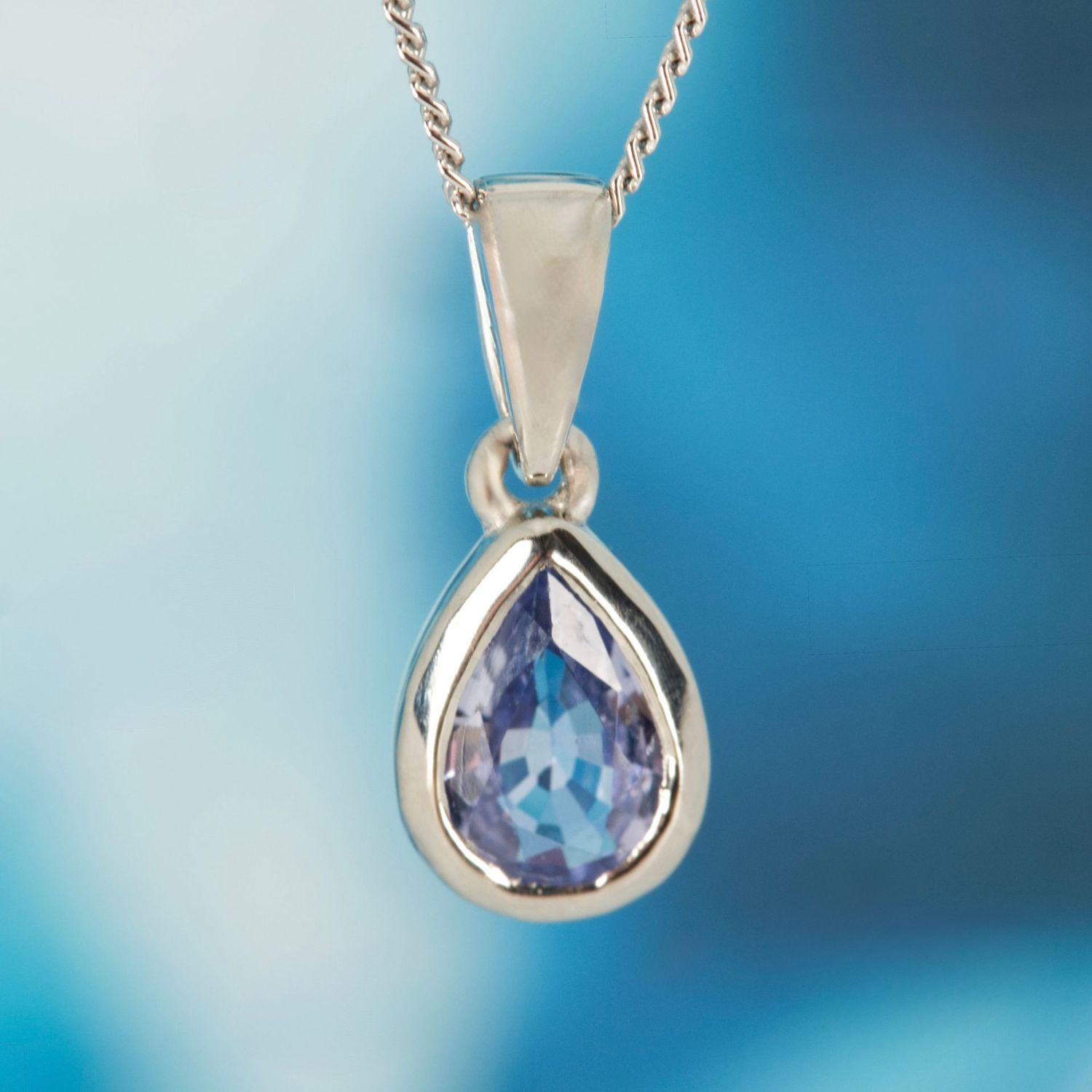 Platinum Pear Cut Lilac Sapphire Rub-Over Set Pendant & Chain