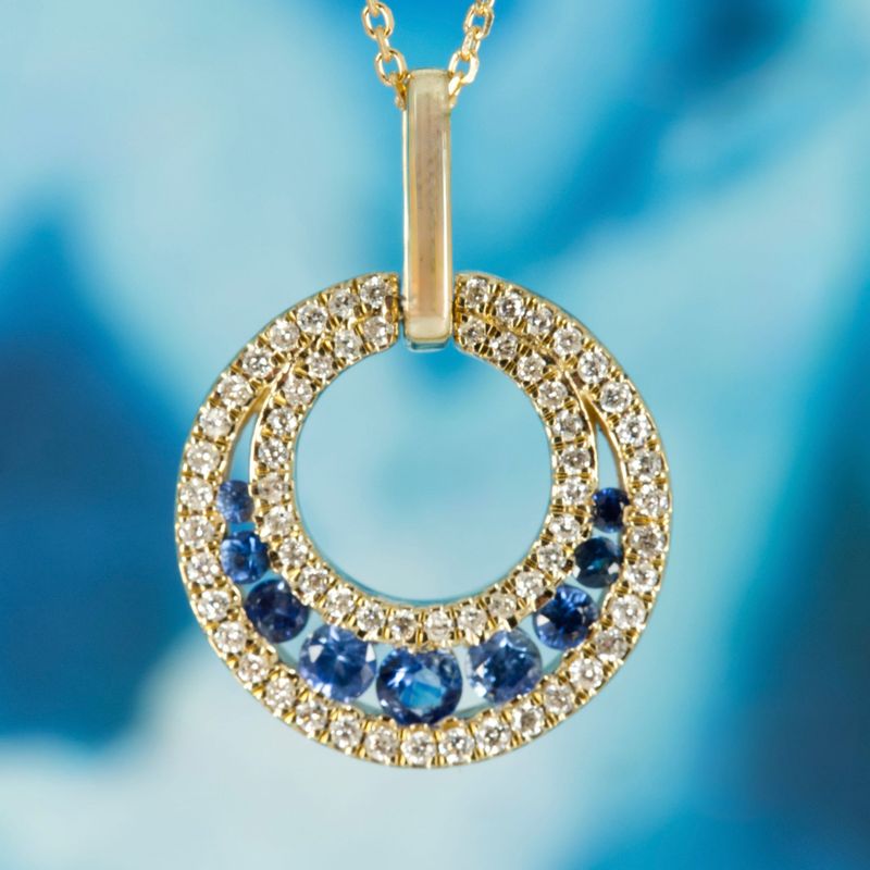 9ct Yellow Gold Round Cut Sapphire & Round Brilliant Cut Diamond Circle Pendant & Chain