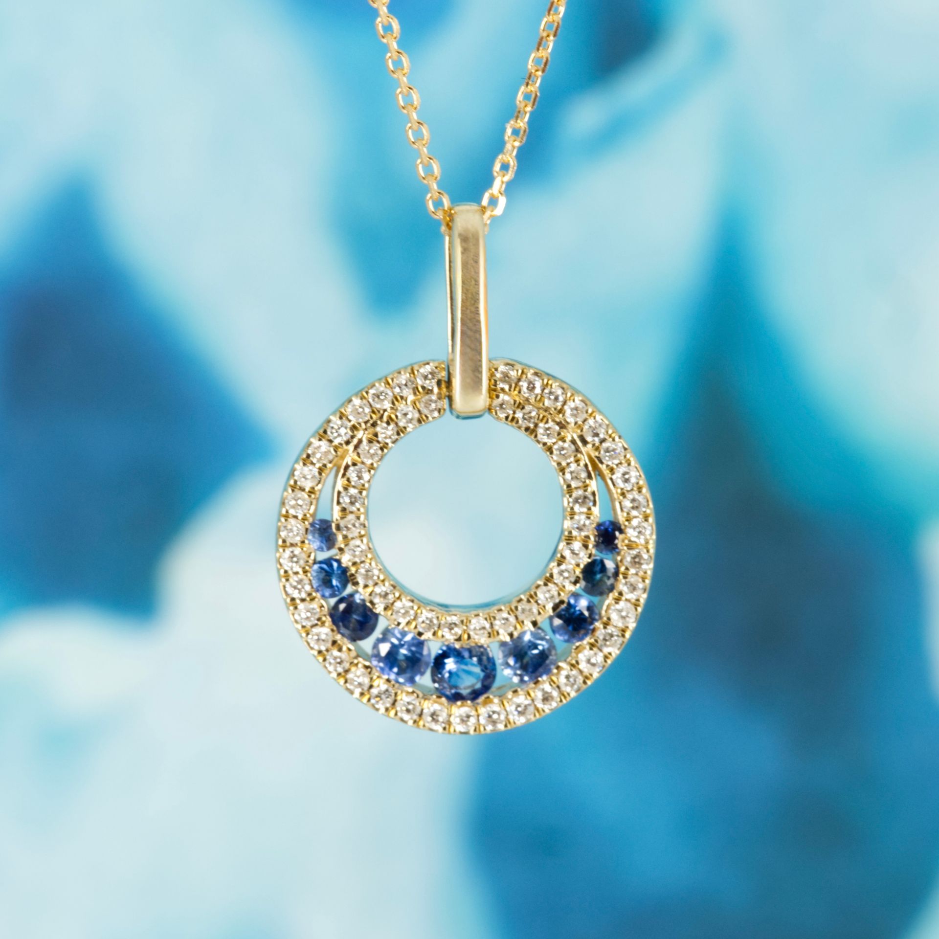 9ct Yellow Gold Round Cut Sapphire & Round Brilliant Cut Diamond Circle Pendant & Chain
