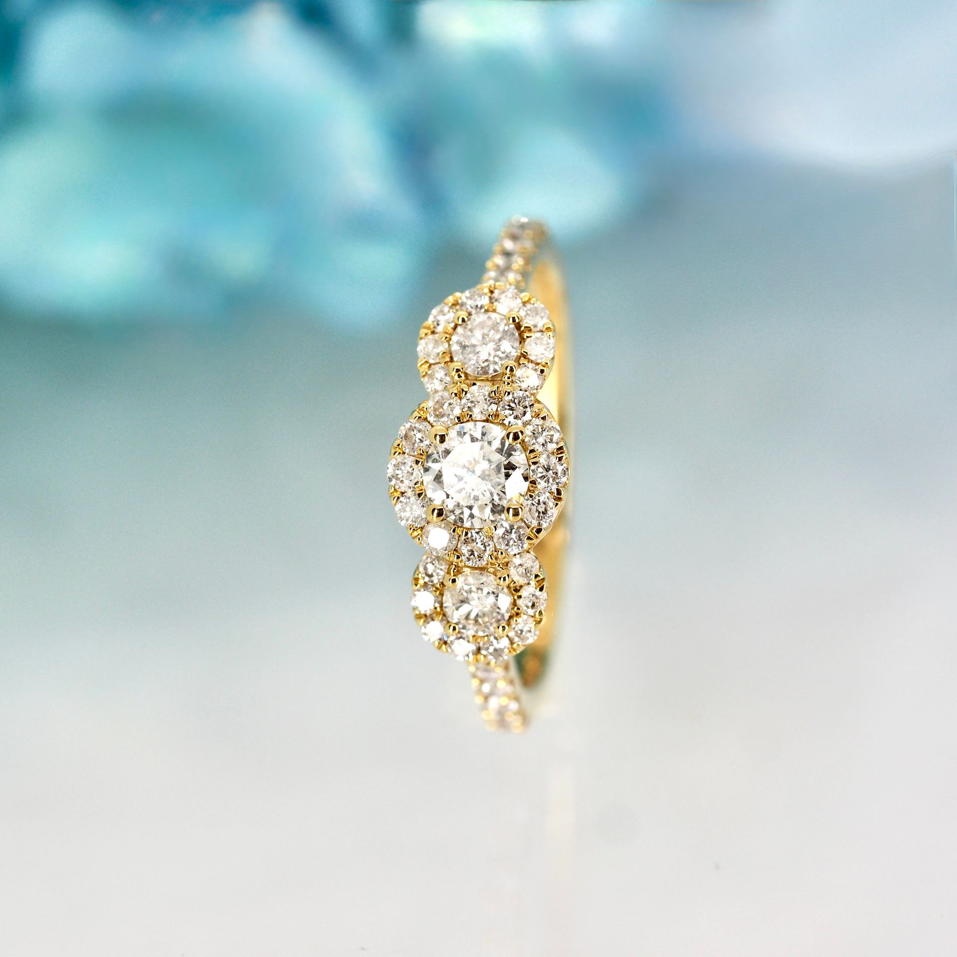 9ct Yellow Gold 0.75ct Round Brilliant Cut Diamond Triple Halo Cluster Ring