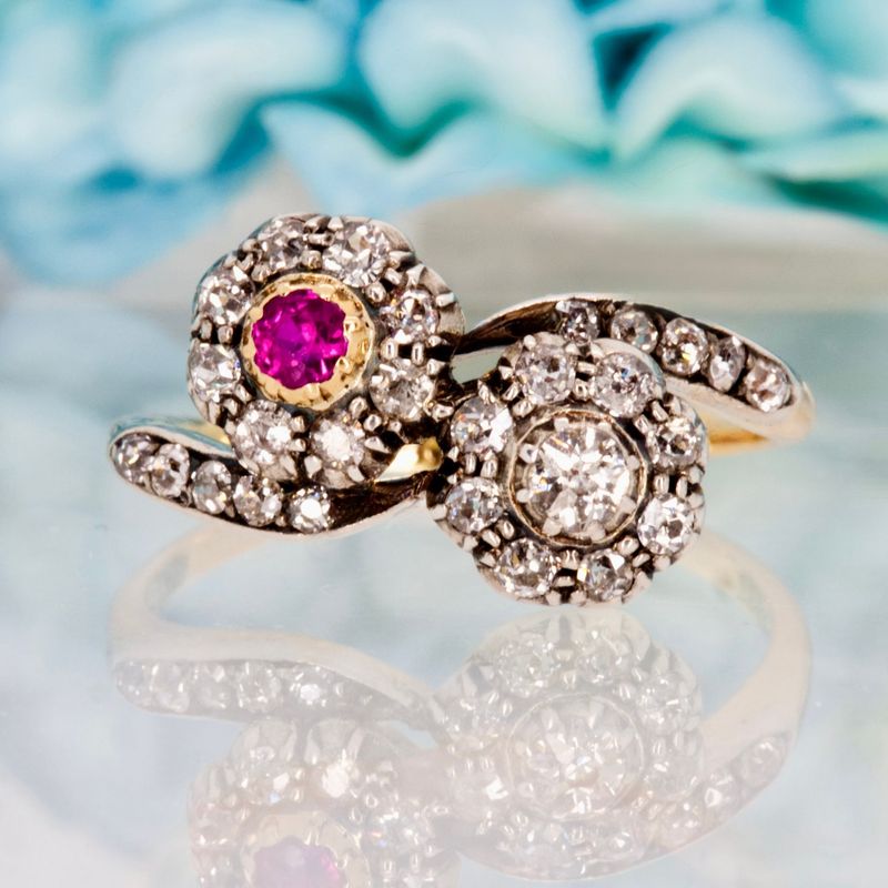Pre-Loved 18ct Yellow Gold Ruby & Diamond Crossover Cluster Ring