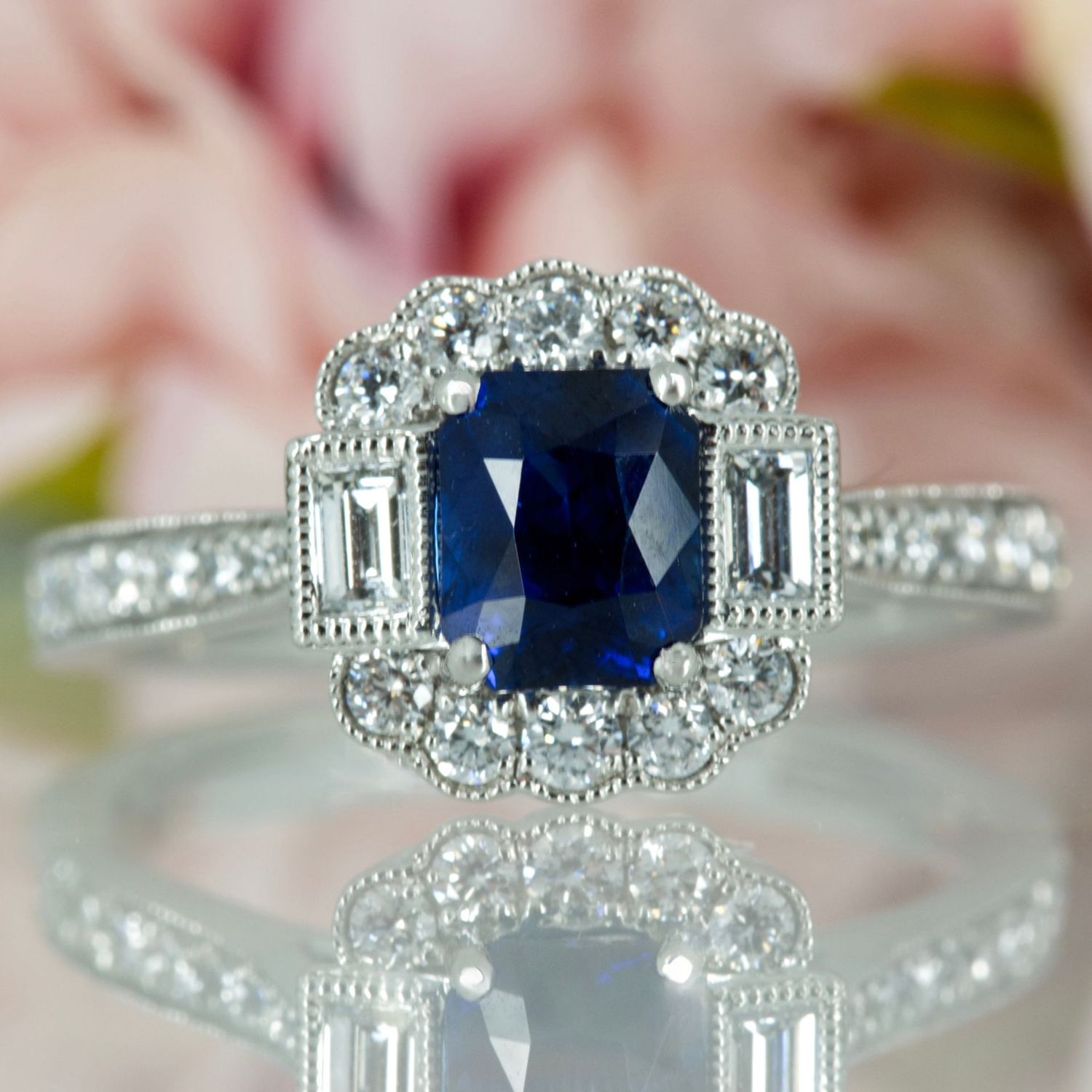 Platinum Octagonal Cut Sapphire & Baguette and Round Brilliant Cut Diamond Cluster Ring