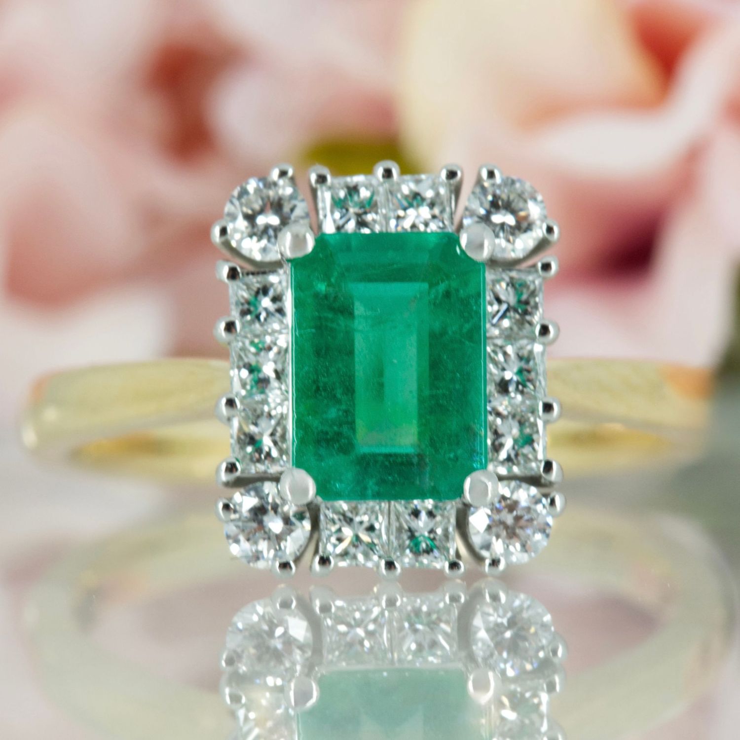 18ct Yellow Gold & Platinum Octagonal Cut Emerald & Princess and Round Brilliant Cut Diamond Cluster Ring