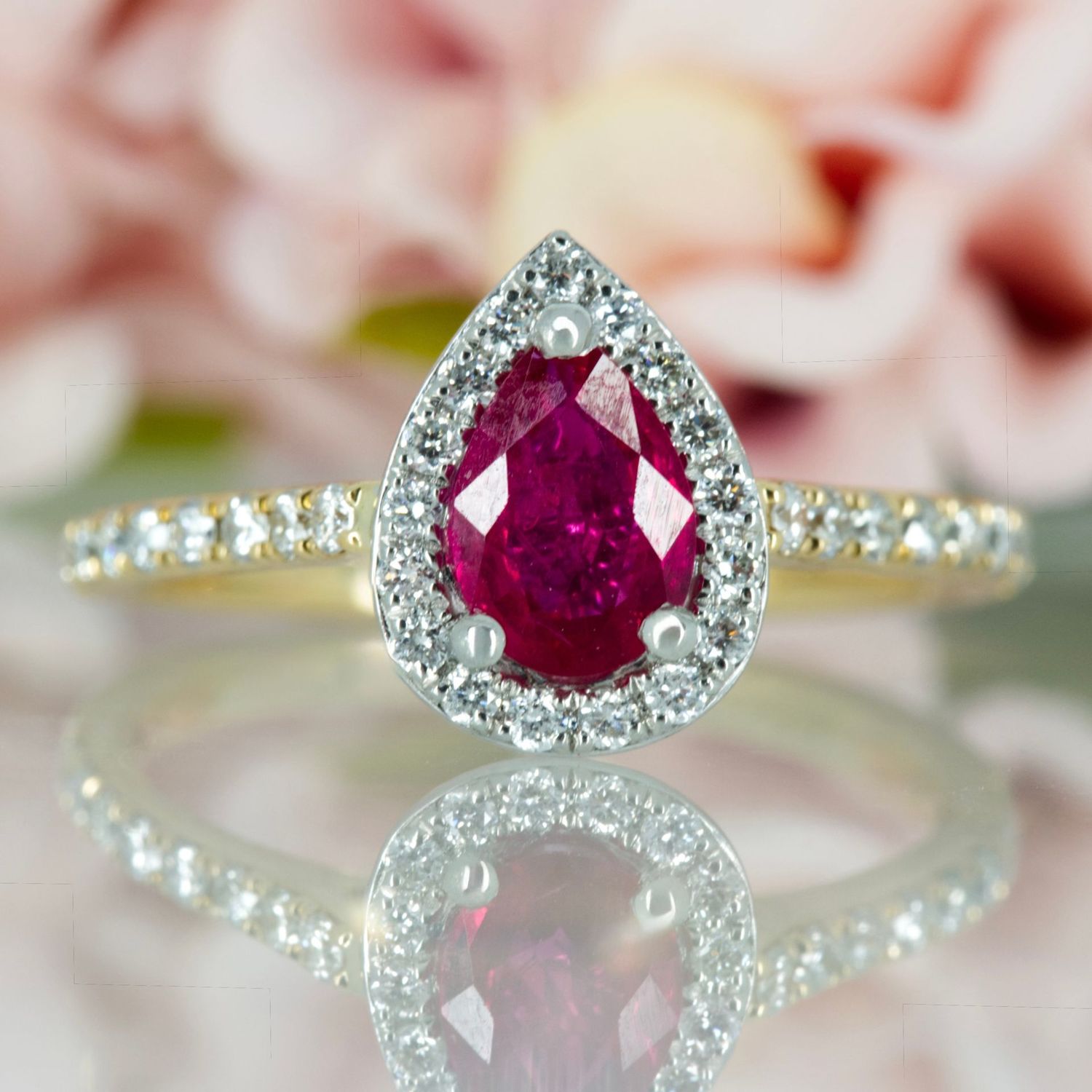 18ct Yellow Gold & Platinum Pear Cut Ruby & Round Brilliant Cut Diamond Halo Cluster Ring