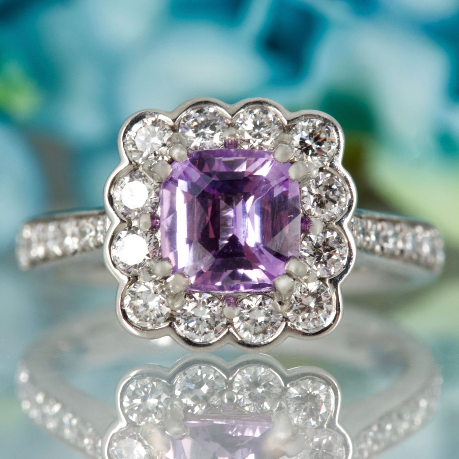 Platinum Cushion Cut Lilac Sapphire & Round Brilliant Cut Diamond Cluster Ring Platinum Cushion Cut Lilac Sapphire & Round Brilliant Cut Diamond Cluster Ring
