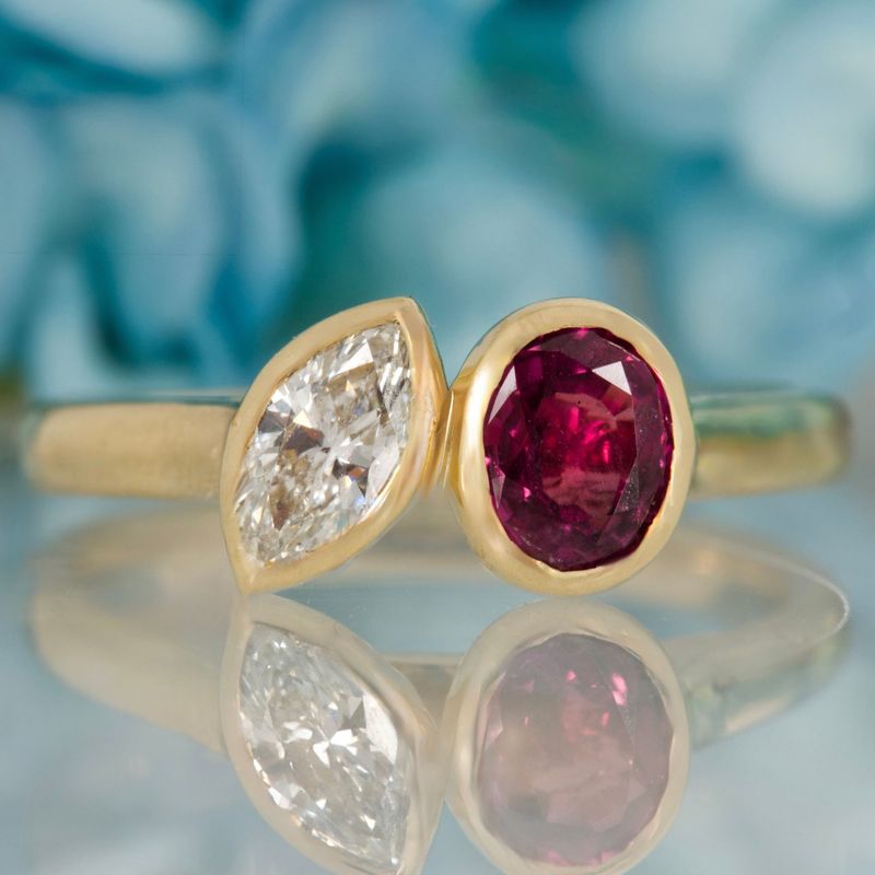 18ct Yellow Gold Oval Cut Ruby & Marquise Cut Diamond Toi et Moi Ring