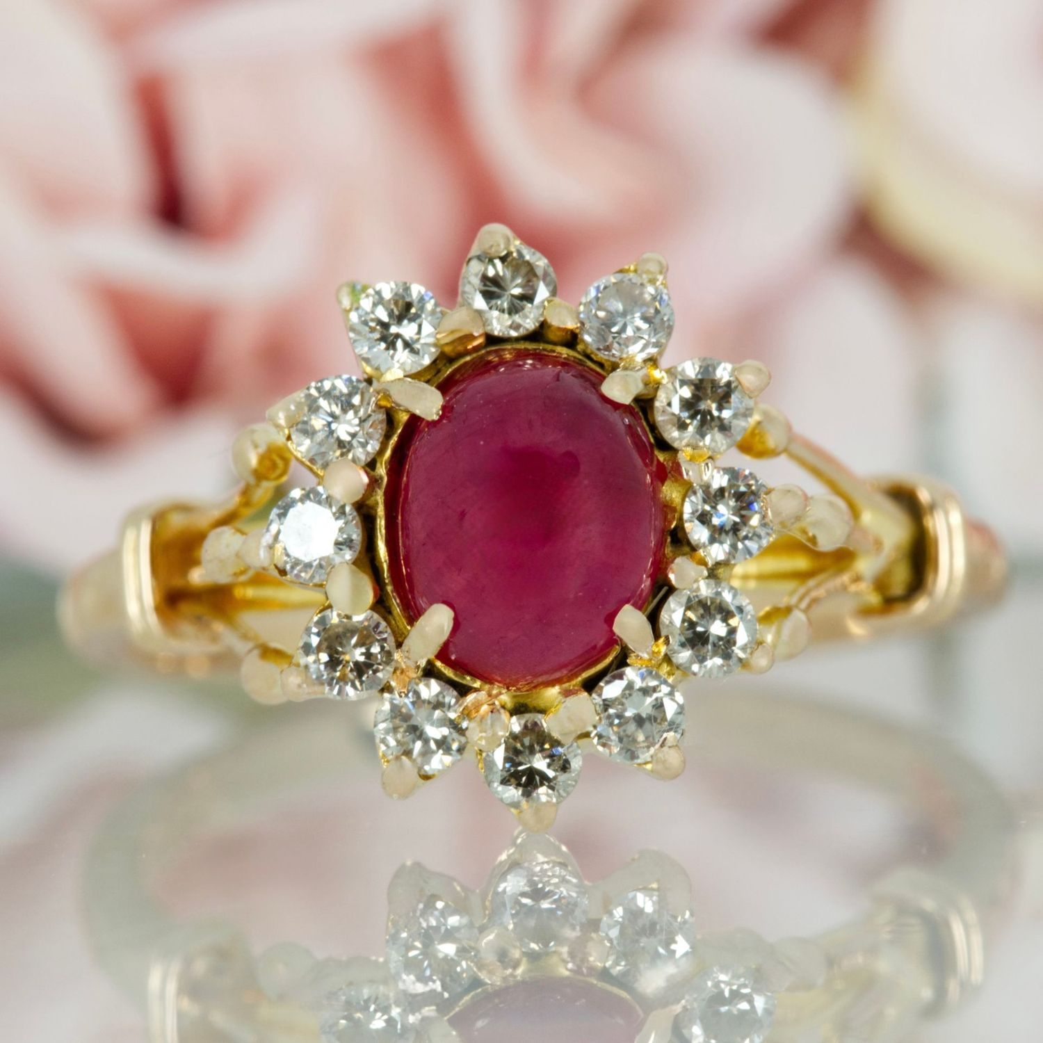 Pre-Loved 18ct Yellow Gold Oval Cabochon Ruby & Round Brilliant Cut Diamond Cluster Ring