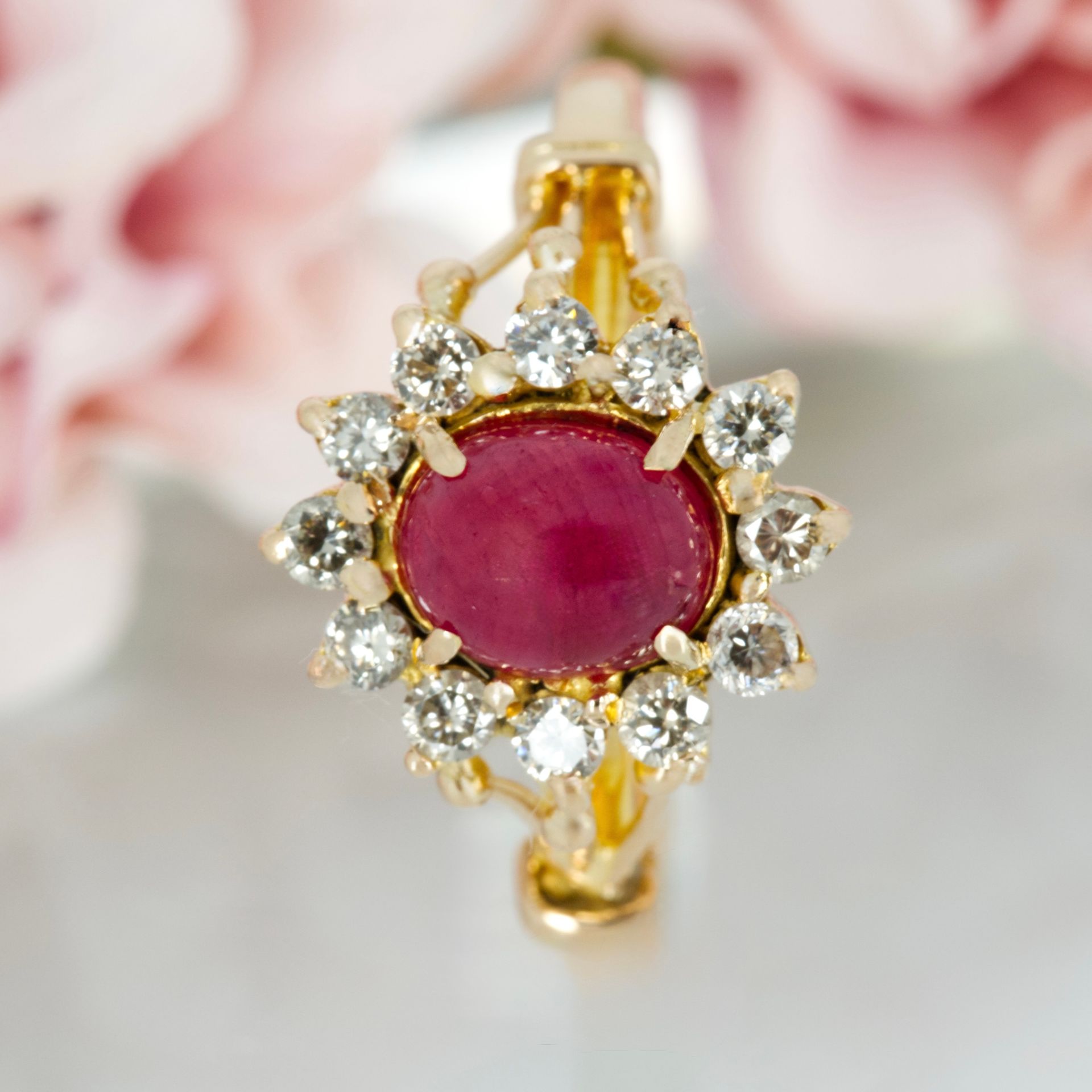 Pre-Loved 18ct Yellow Gold Oval Cabochon Ruby & Round Brilliant Cut Diamond Cluster Ring