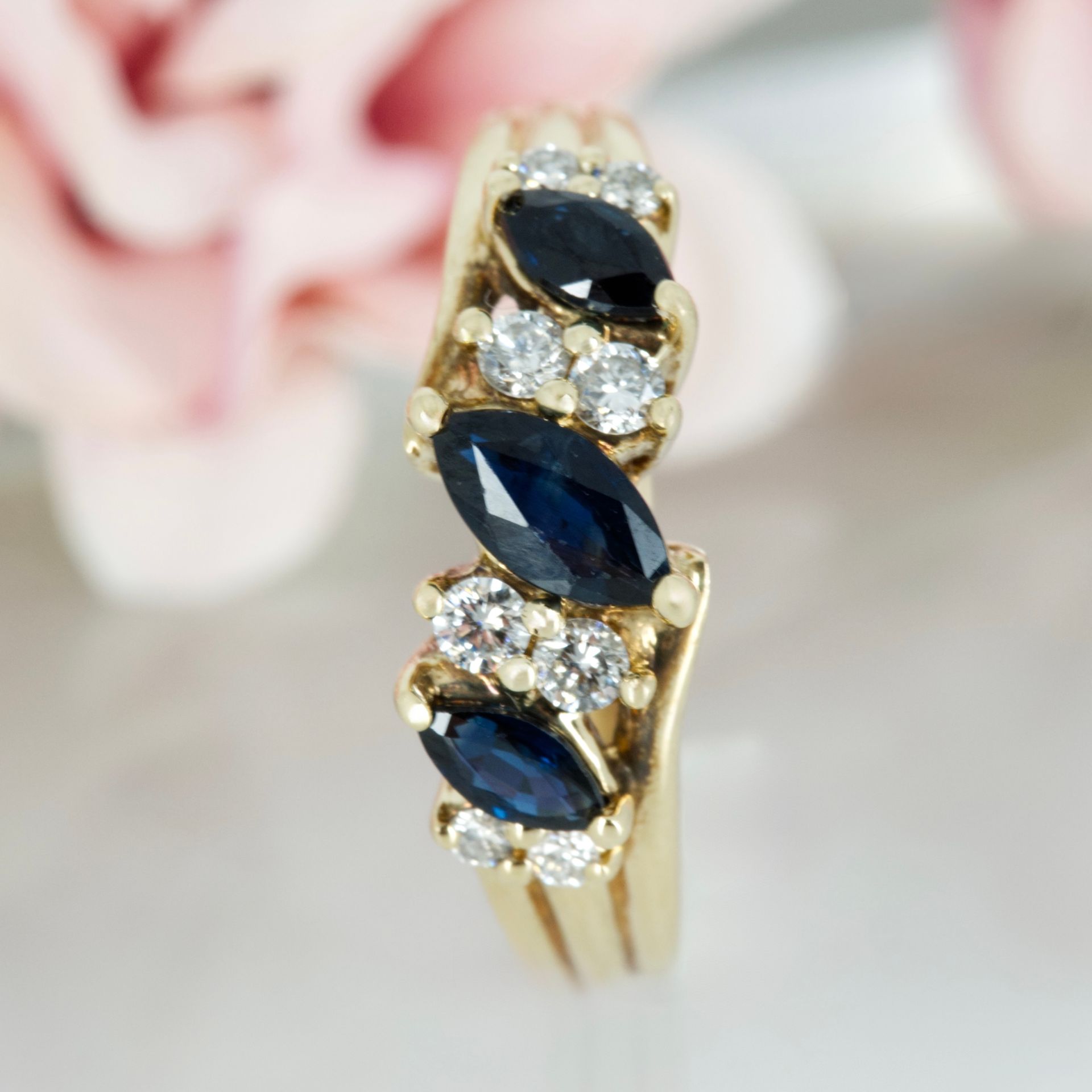 Pre-Loved 9ct Yellow Gold Marquise Cut Sapphire & Round Brilliant Cut Diamond Half Eternity Ring