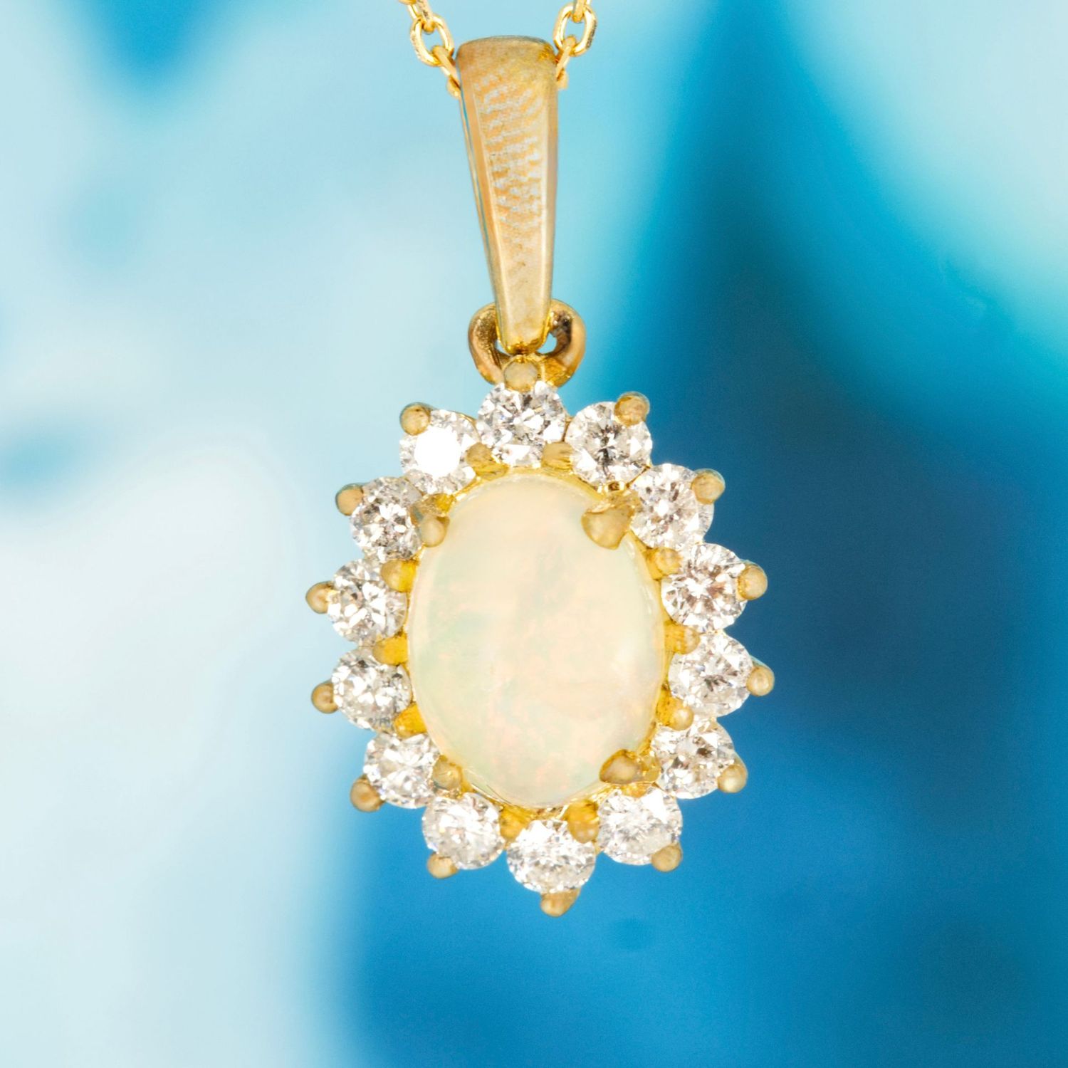9ct Yellow Gold Oval Opal & Round Brilliant Cut Diamoond Cluster Pendant & Chain