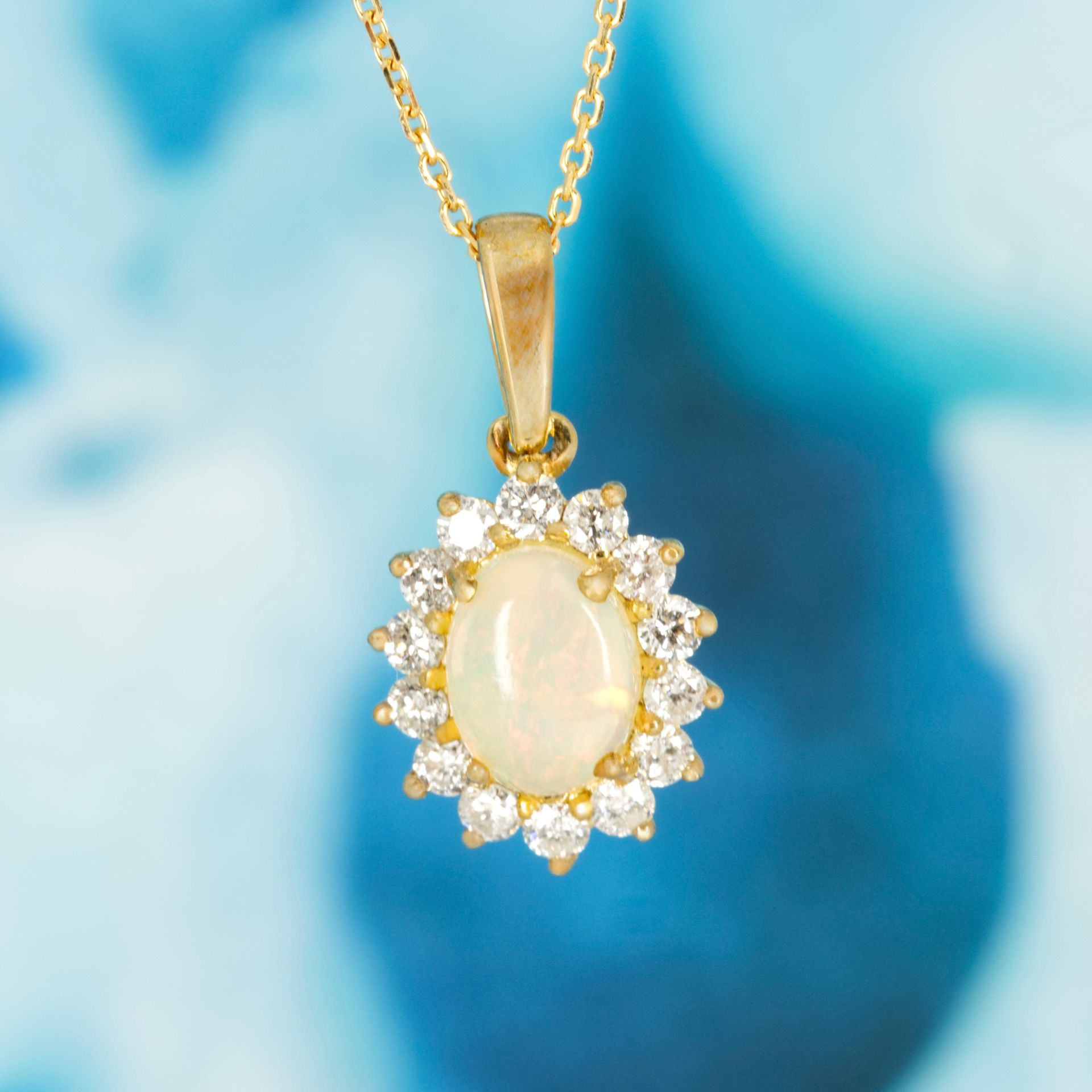 9ct Yellow Gold Oval Opal & Round Brilliant Cut Diamoond Cluster Pendant & Chain