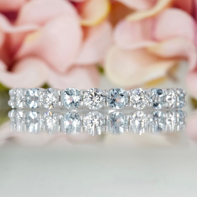 Platinum Round Cut Aquamarine & Round Brilliant Cut Diamond Claw Set Half Eternity Ring