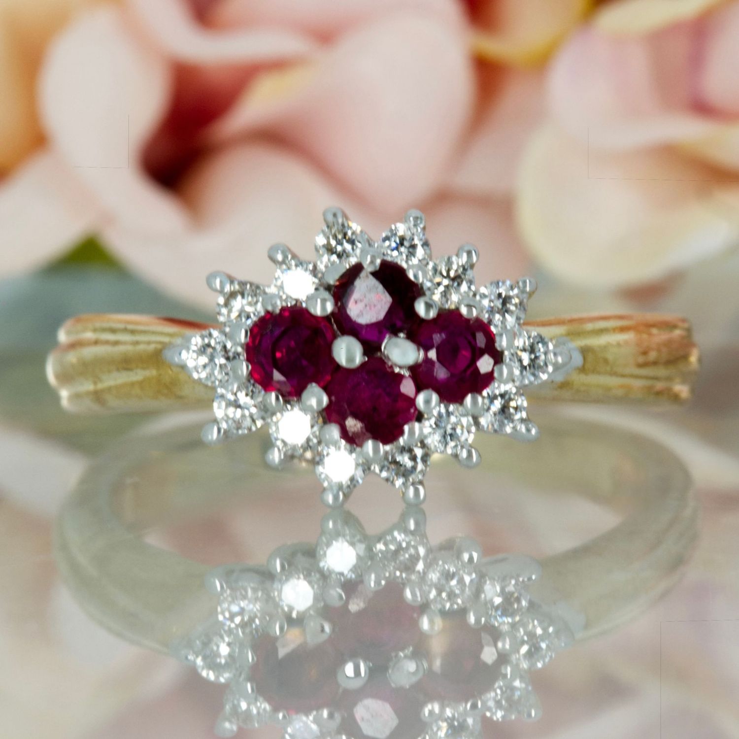 9ct Yellow Gold Round Cut Ruby & Round Brilliant Cut Diamond Cluster Ring