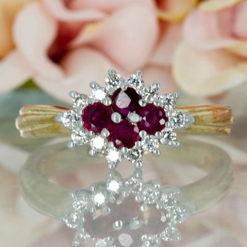9ct Yellow Gold Round Cut Ruby & Round Brilliant Cut Diamond Cluster Ring