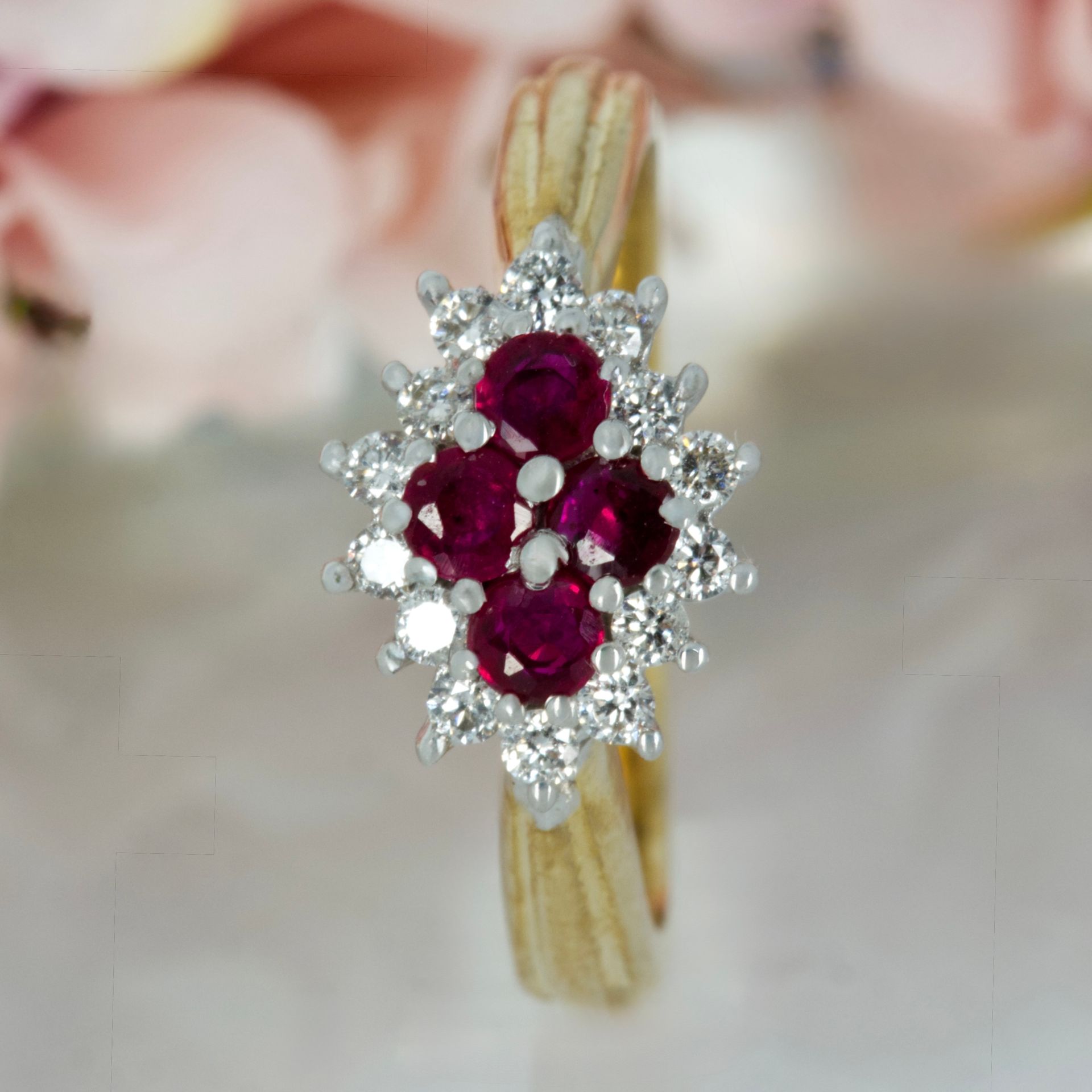 9ct Yellow Gold Round Cut Ruby & Round Brilliant Cut Diamond Cluster Ring