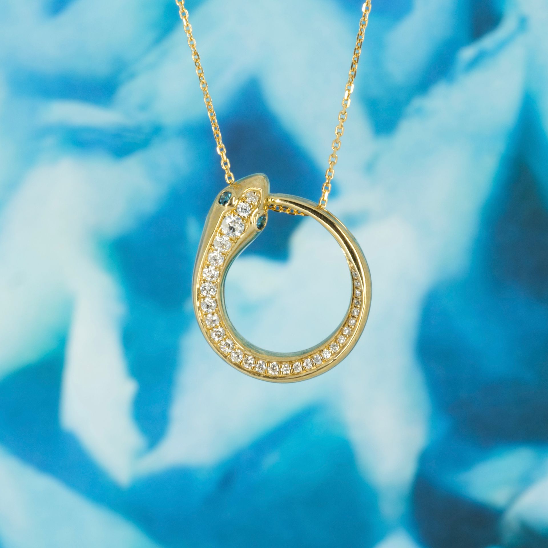 9ct Yellow Gold Round Brilliant Cut Diamond & Blue Diamond Snake Pendant & Chain
