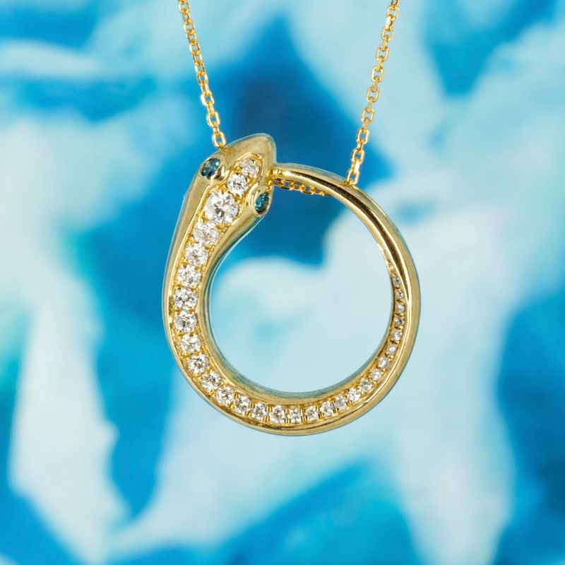 9ct Yellow Gold Round Brilliant Cut Diamond & Blue Diamond Snake Pendant & Chain