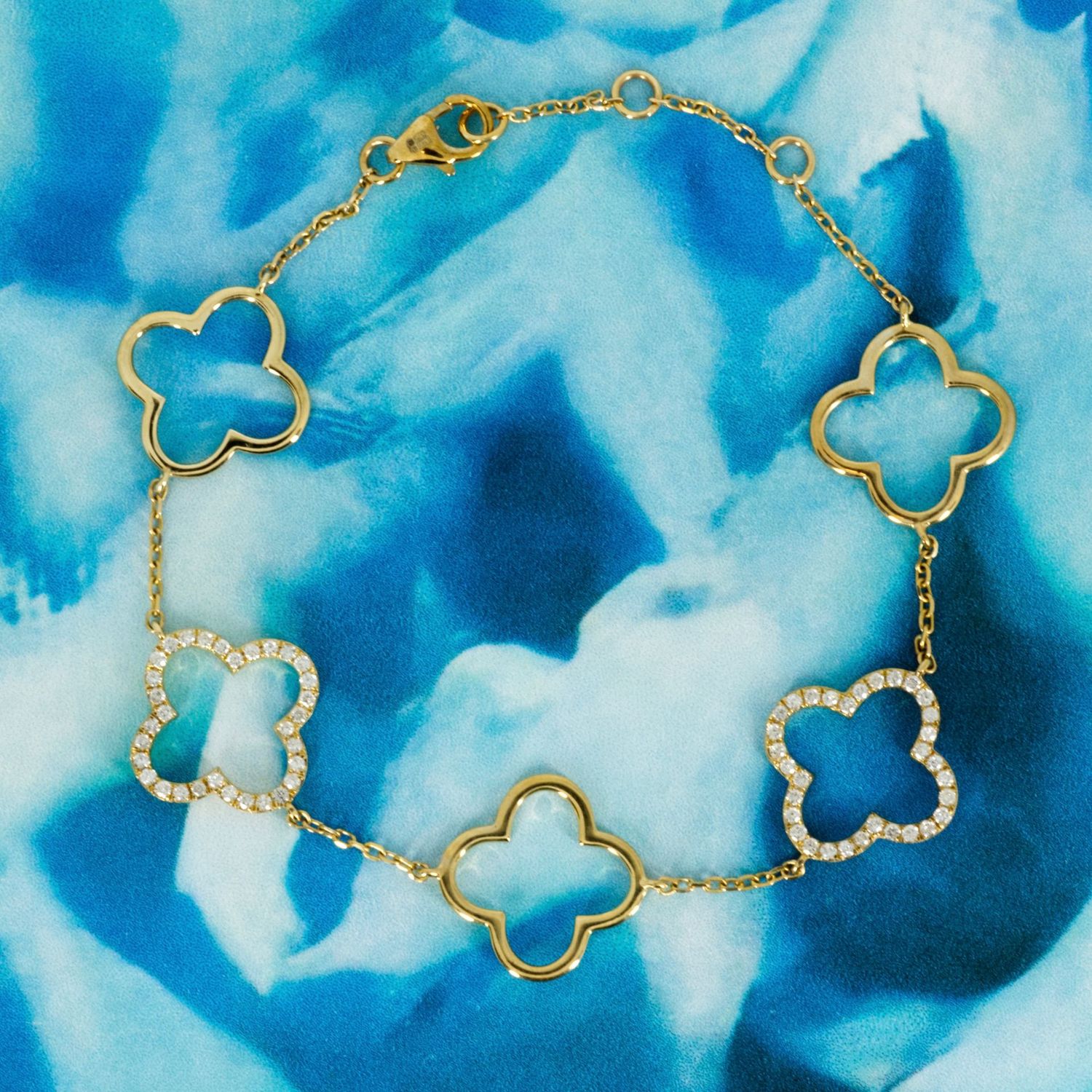 9ct Yellow Gold Round Brilliant Cut Diamond Clover 6.5-7.5” Bracelet