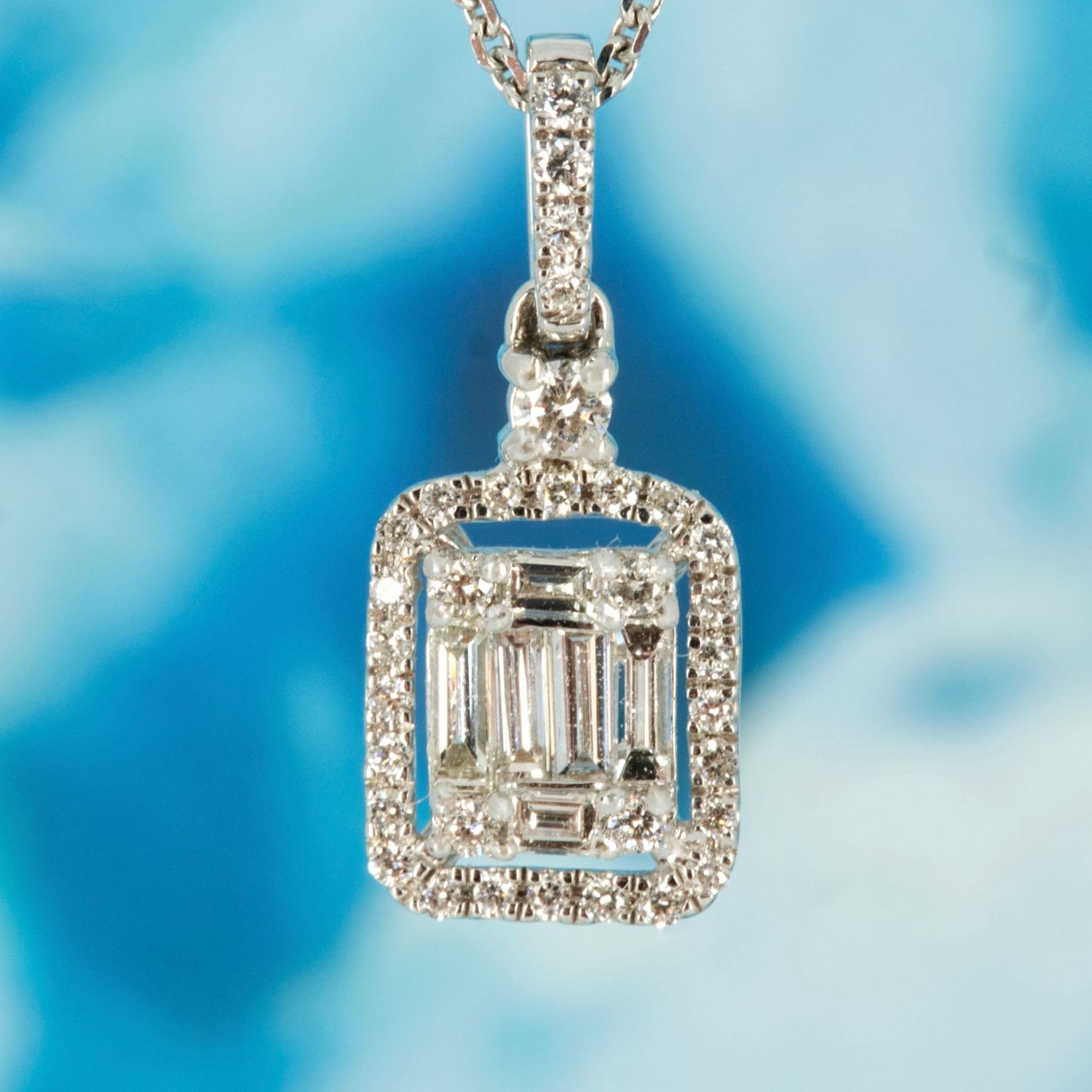 18ct White Gold 0.40ct Baguette & Round Brilliant Cut Diamond Rectangular Cluster Pendant & Chain