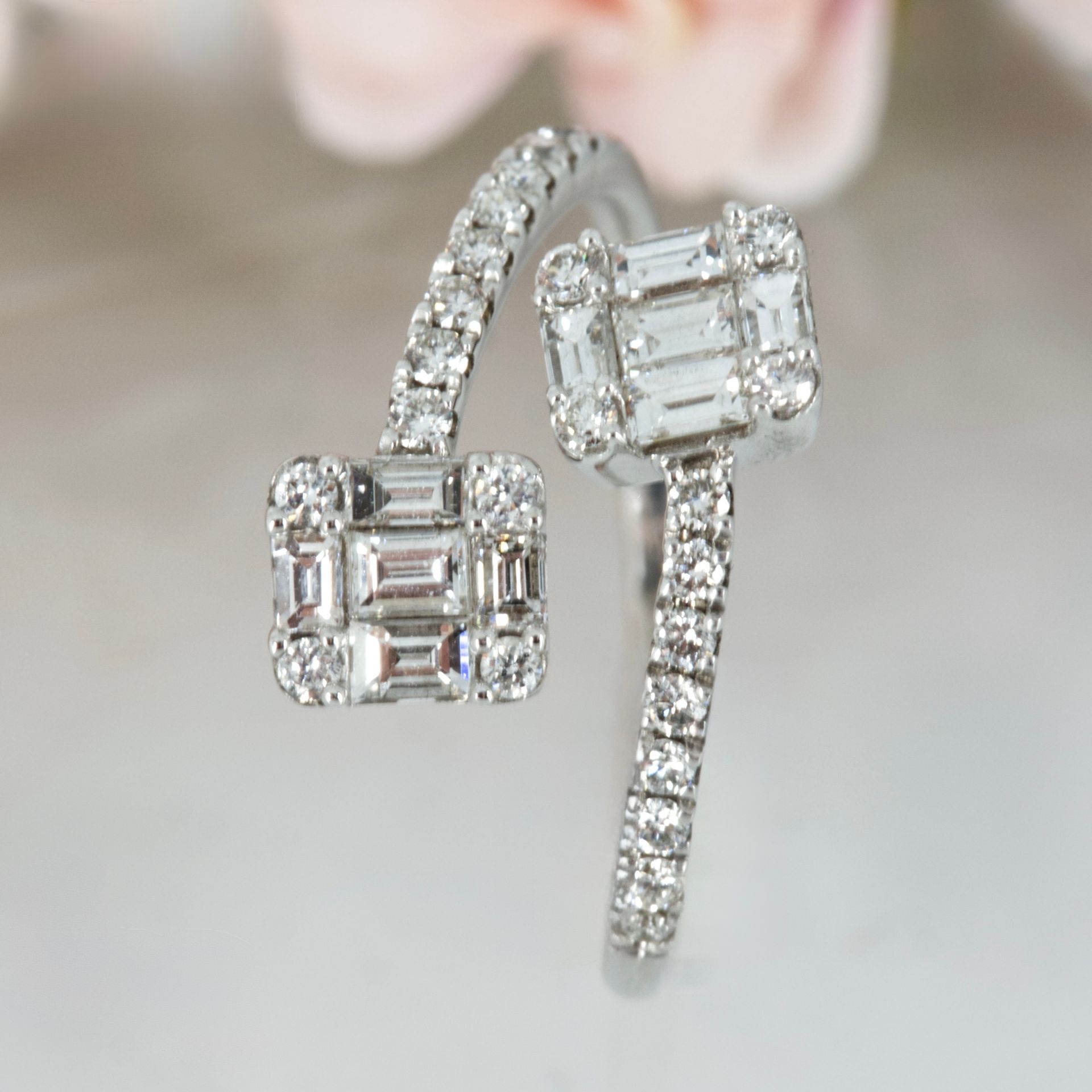 Pre-Loved 18ct White Gold 0.70ct Baguette & Round Brilliant Cut Diamond Crossover Cluster Ring