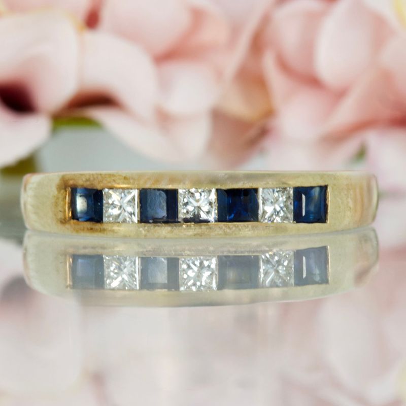 9ct Yellow Gold Princess Cut Sapphire & Diamond Channel Set Half Eternity Ring