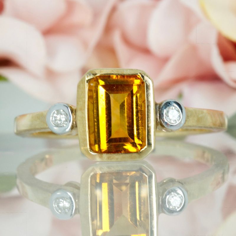 9ct Yellow Gold Octagonal Cut Citrine & Round Brilliant Cut Diamond Trilogy Ring