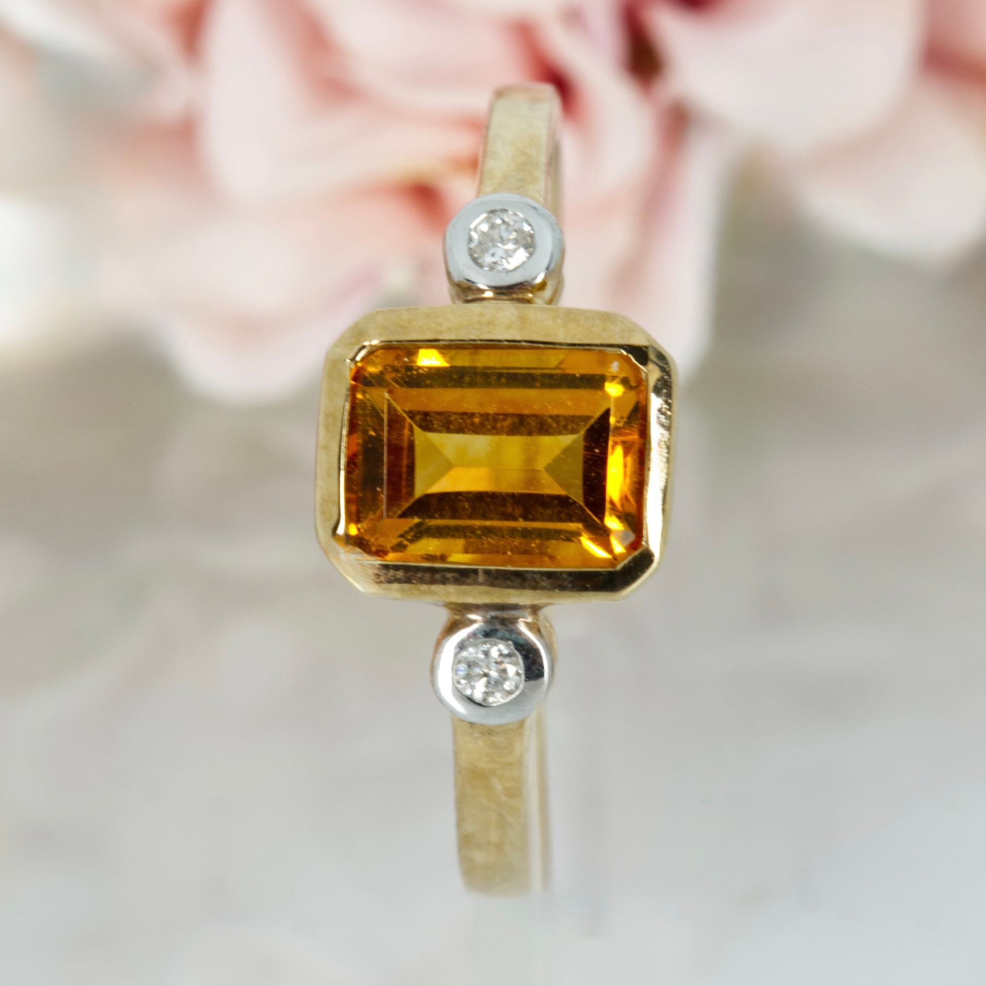 9ct Yellow Gold Octagonal Cut Citrine & Round Brilliant Cut Diamond Trilogy Ring