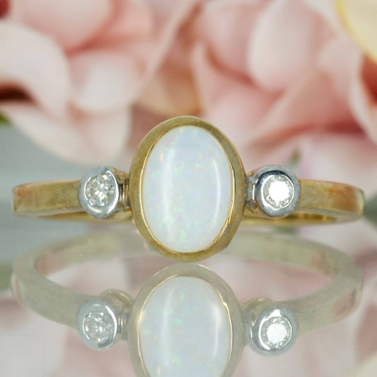 9ct Yellow Gold Oval Opal & Round Brilliant Cut Diamond Trilogy Ring