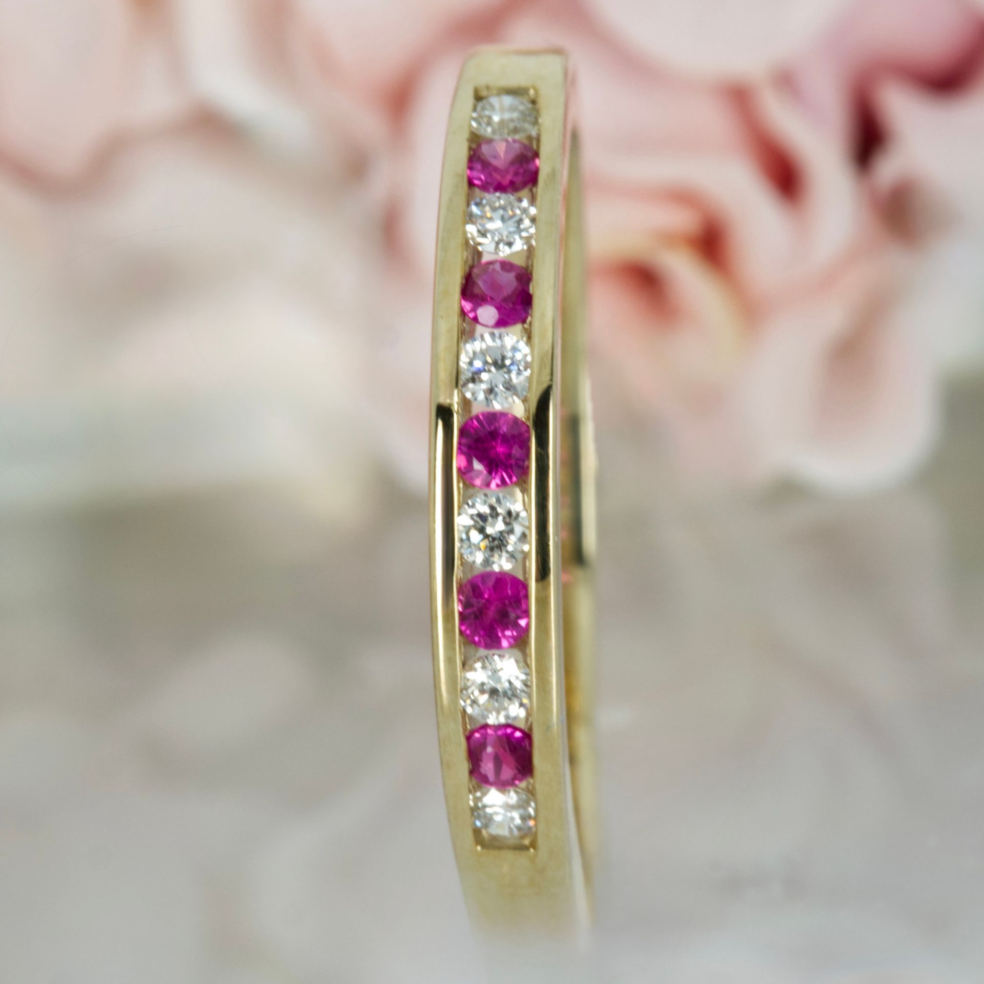 9ct Yellow Gold Round Cut Ruby & Round Brilliant Cut Diamond Channel Set Half Eternity Ring