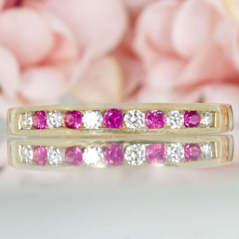 9ct Yellow Gold Round Cut Ruby & Round Brilliant Cut Diamond Channel Set Half Eternity Ring