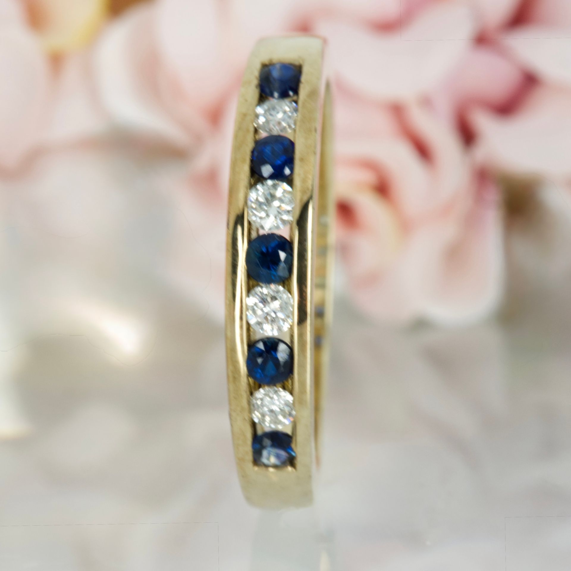 9ct Yellow Gold Round Cut Sapphire & Round Brilliant Cut Diamond Channel Set Half Eternity Ring