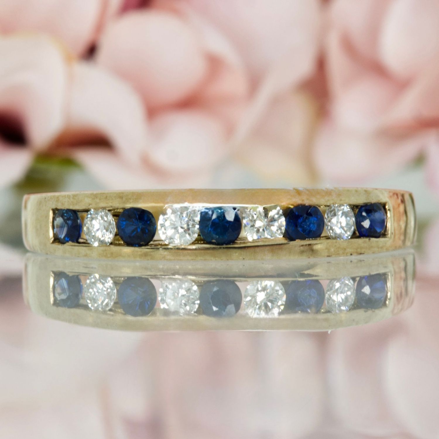 9ct Yellow Gold Round Cut Sapphire & Round Brilliant Cut Diamond Channel Set Half Eternity Ring