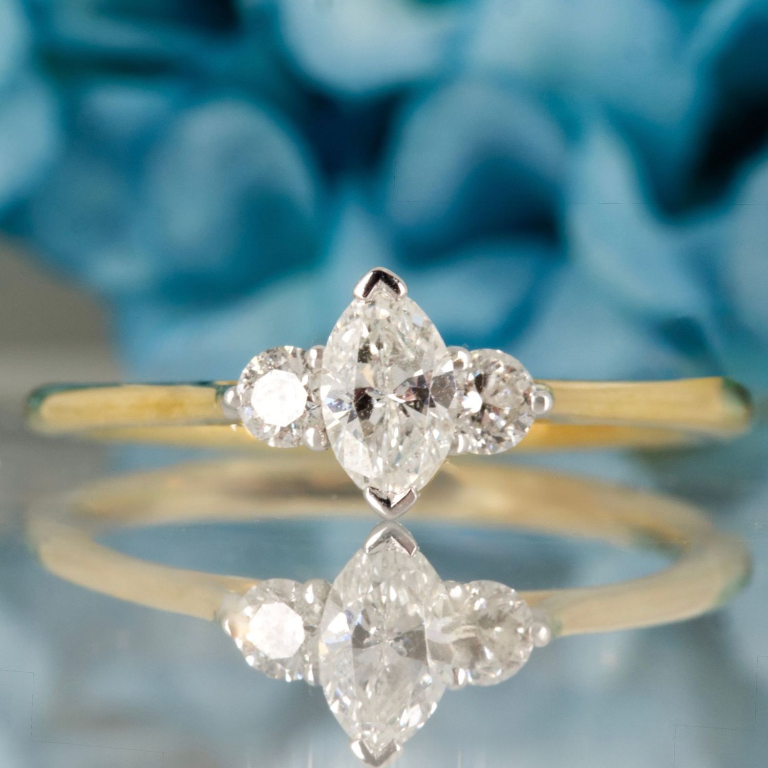 18ct Yellow Gold 0.45ct Marquise & Round Brilliant Cut Lab Grown Diamond Trilogy Ring