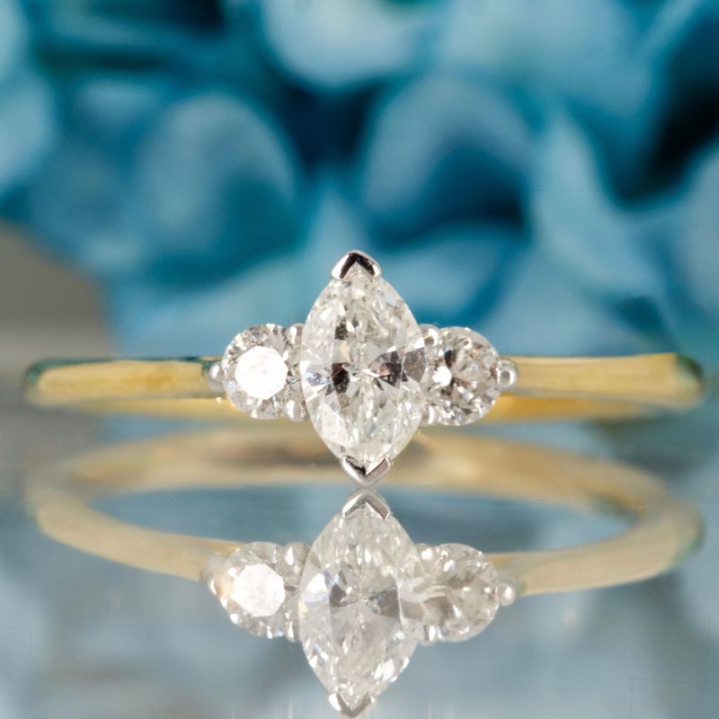 18ct Yellow Gold 0.45ct Marquise & Round Brilliant Cut Lab Grown Diamond Trilogy Ring