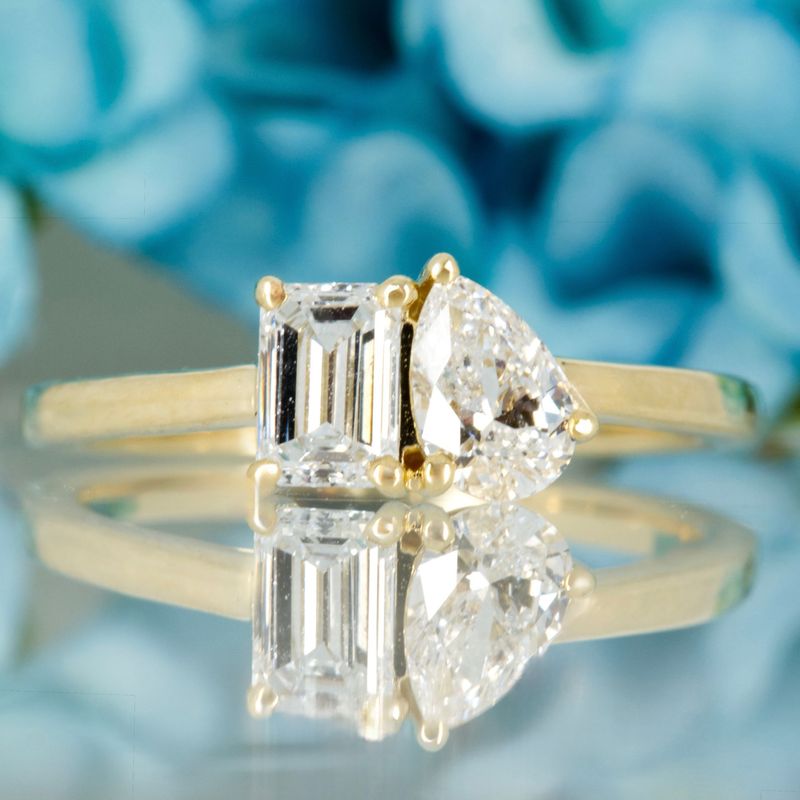 9ct Yellow Gold 0.97ct Emerald & Pear Cut Lab Grown Diamond Toi et Moi Ring