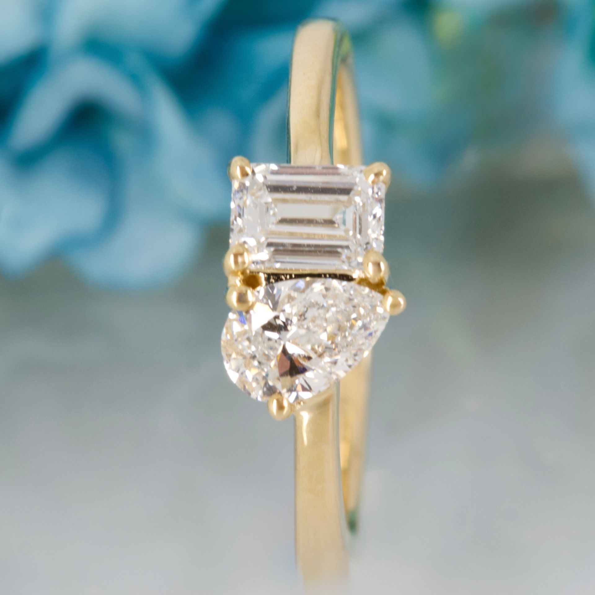 9ct Yellow Gold 0.97ct Emerald & Pear Cut Lab Grown Diamond Toi et Moi Ring