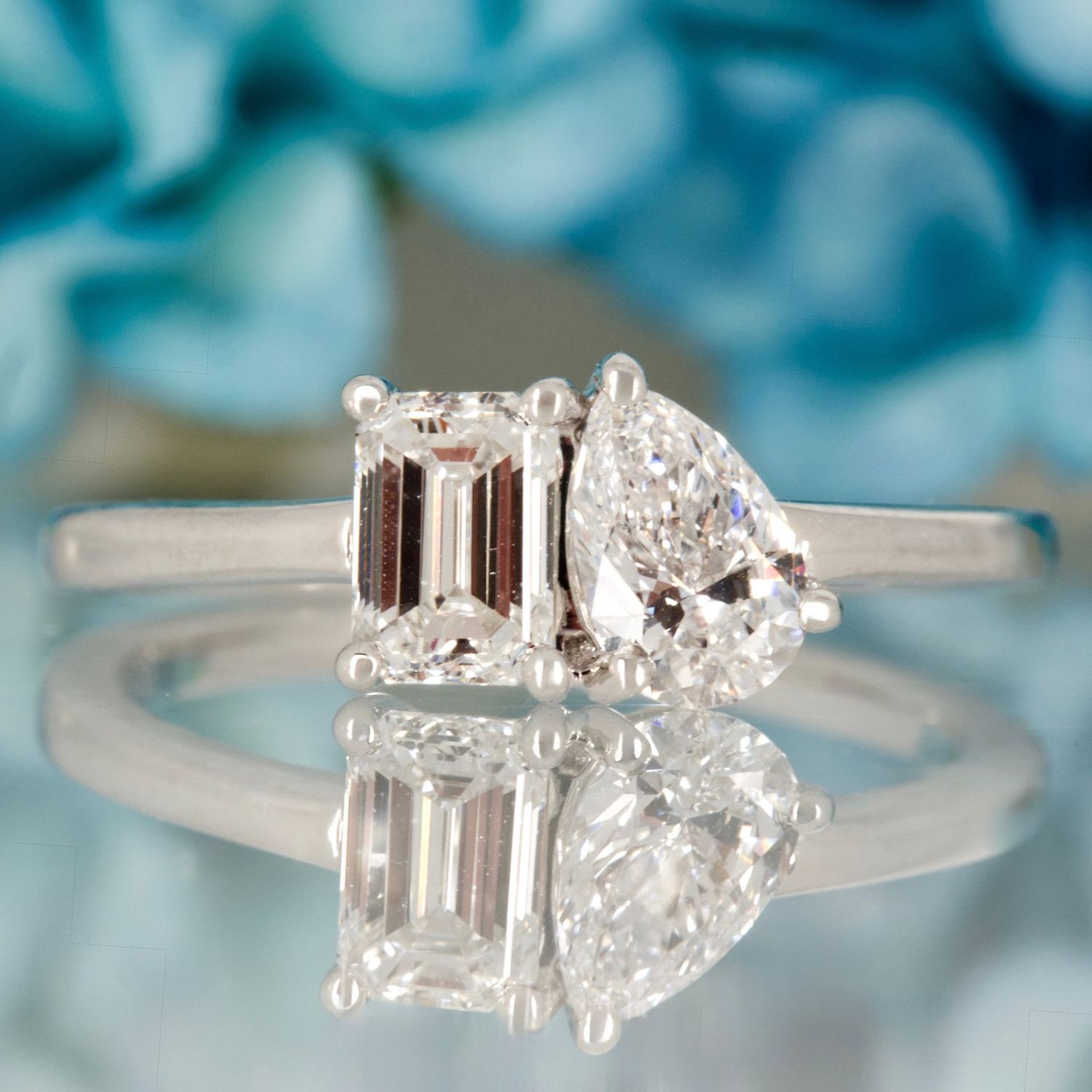 Platinum 0.97ct Emerald & Pear Cut Lab Grown Diamond Toi et Moi Ring