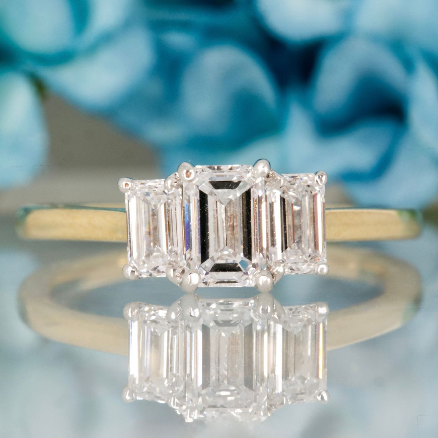 9ct Yellow Gold 1.39ct Emerald Cut Lab Grown Diamond Trilogy Ring