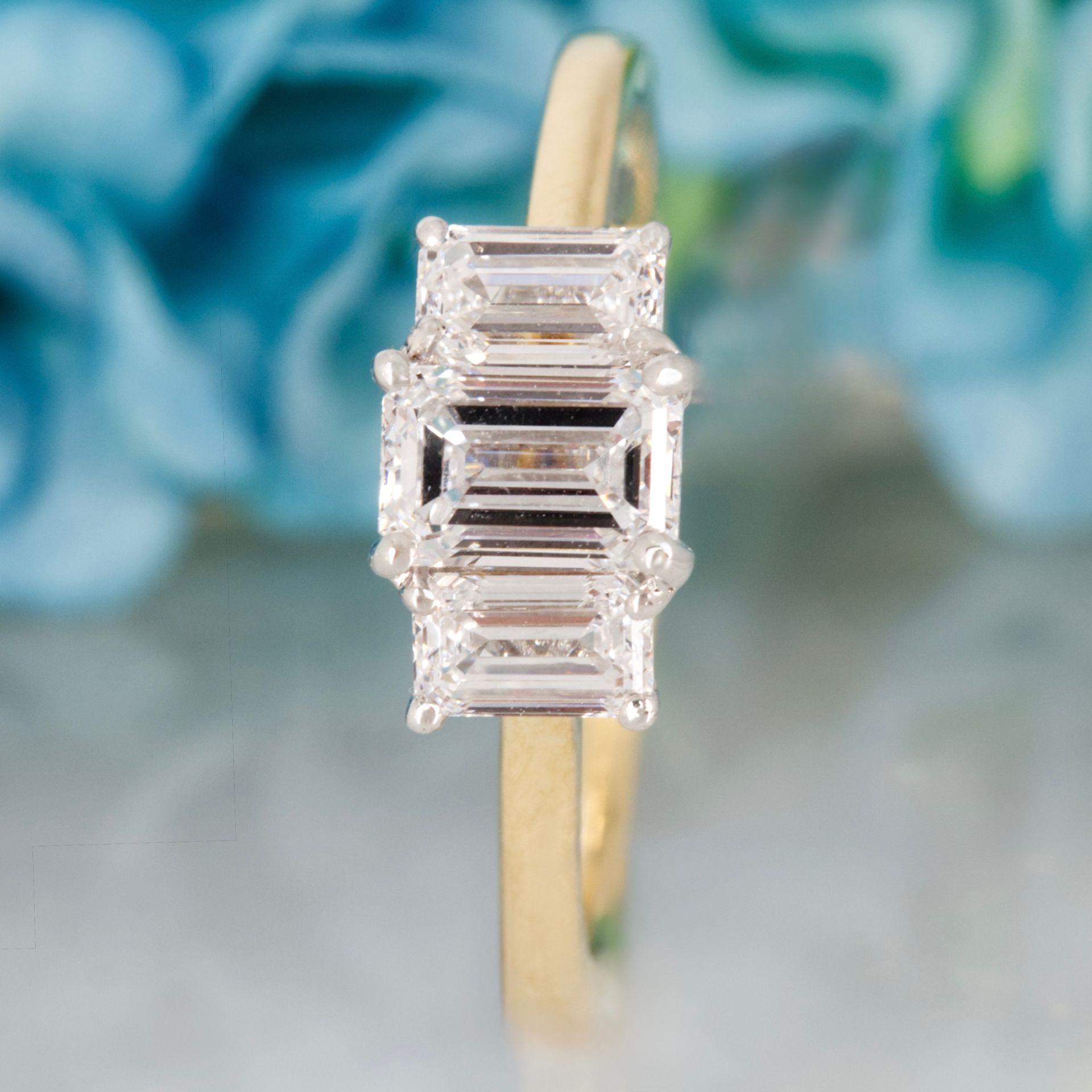 9ct Yellow Gold 1.39ct Emerald Cut Lab Grown Diamond Trilogy Ring