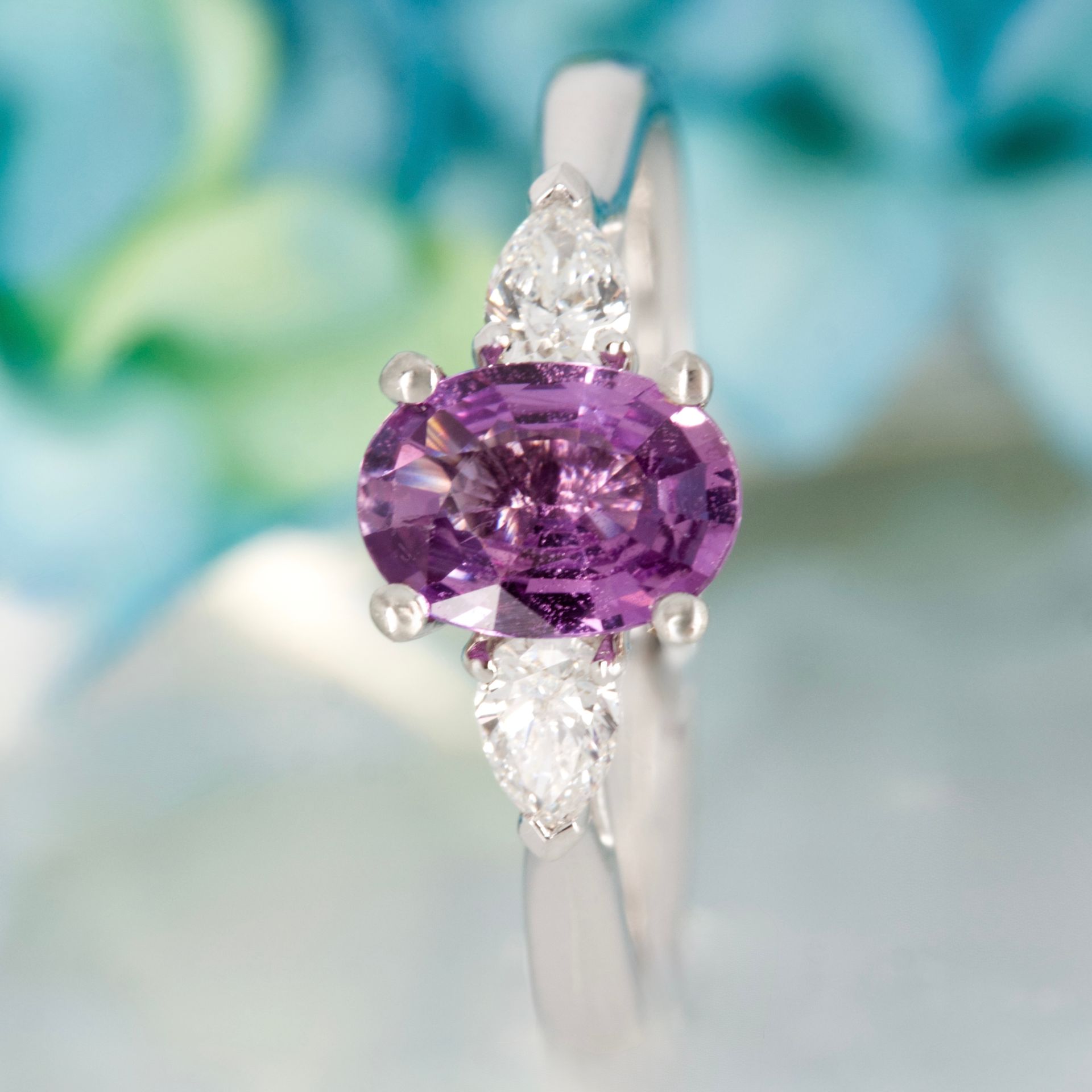 Platinum Oval Cut Lilac Sapphire & Pear Cut Diamond Trilogy Ring