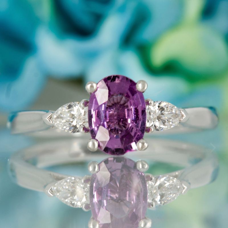 Platinum Oval Cut Lilac Sapphire & Pear Cut Diamond Trilogy Ring