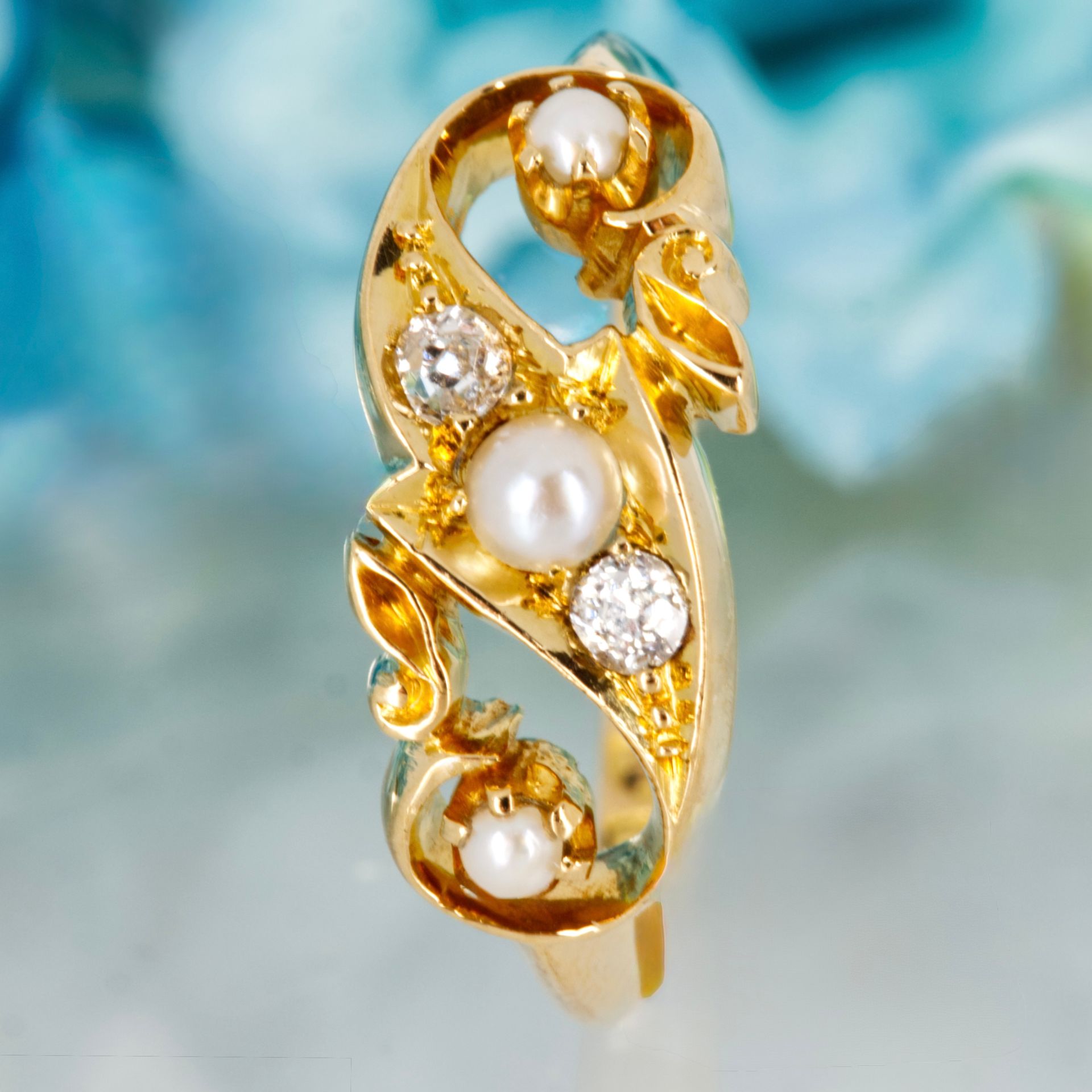 Antique 18ct Yellow Gold Pearl & Round Cut Diamond Dress Ring, hallmarked Chester 1903