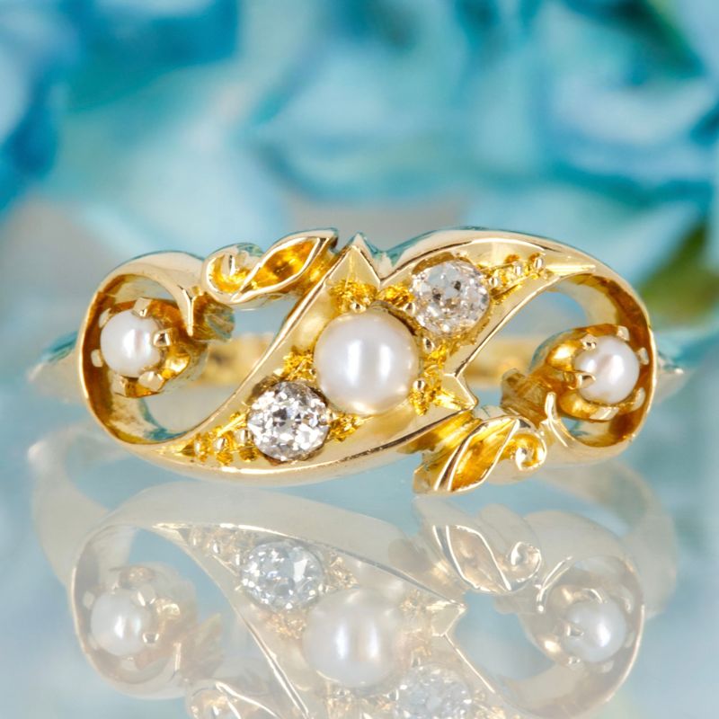 Antique 18ct Yellow Gold Pearl & Round Cut Diamond Dress Ring, hallmarked Chester 1903
