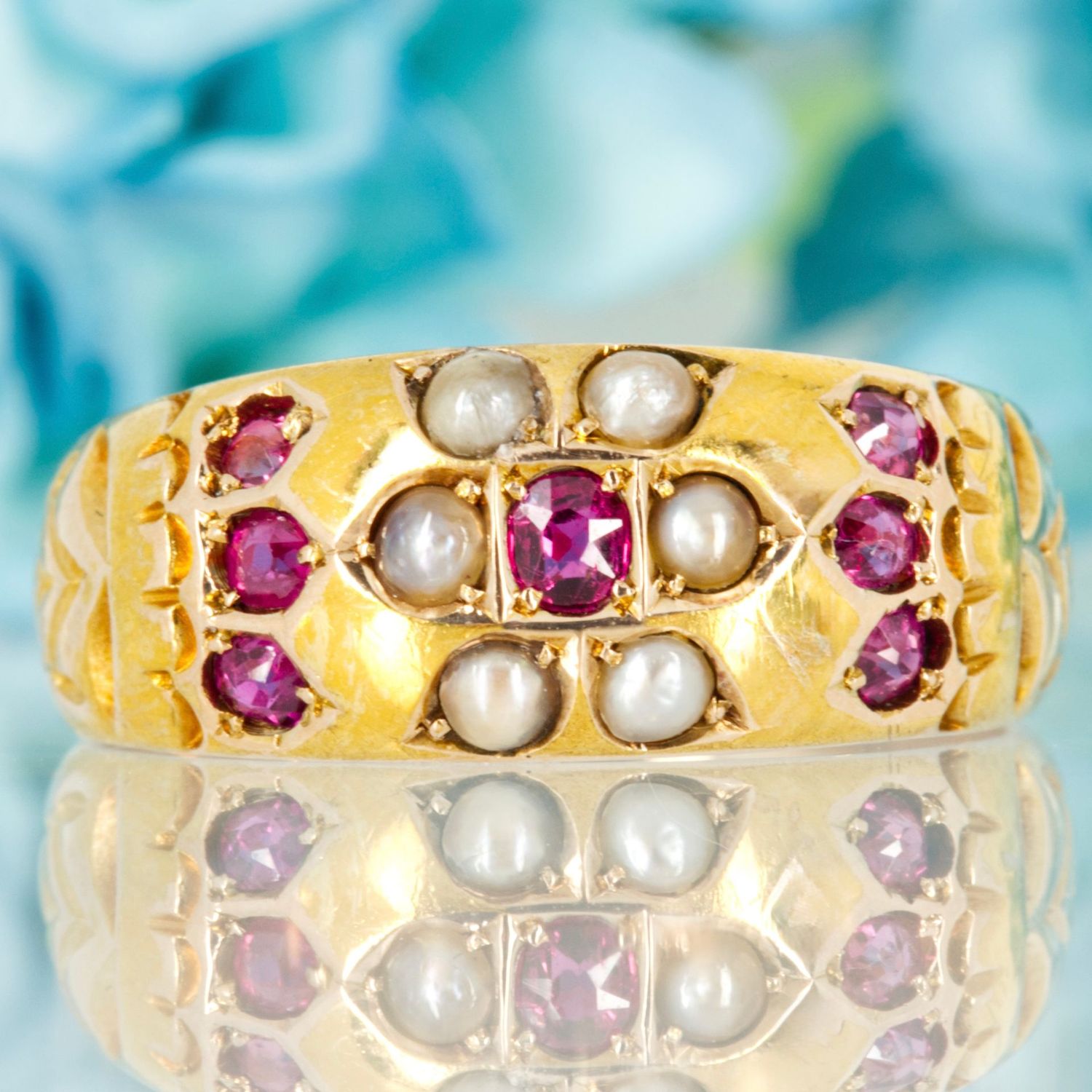 Pre-Loved 15ct Yellow Gold Oval & Round Cut Ruby & Pearl Set Ring
