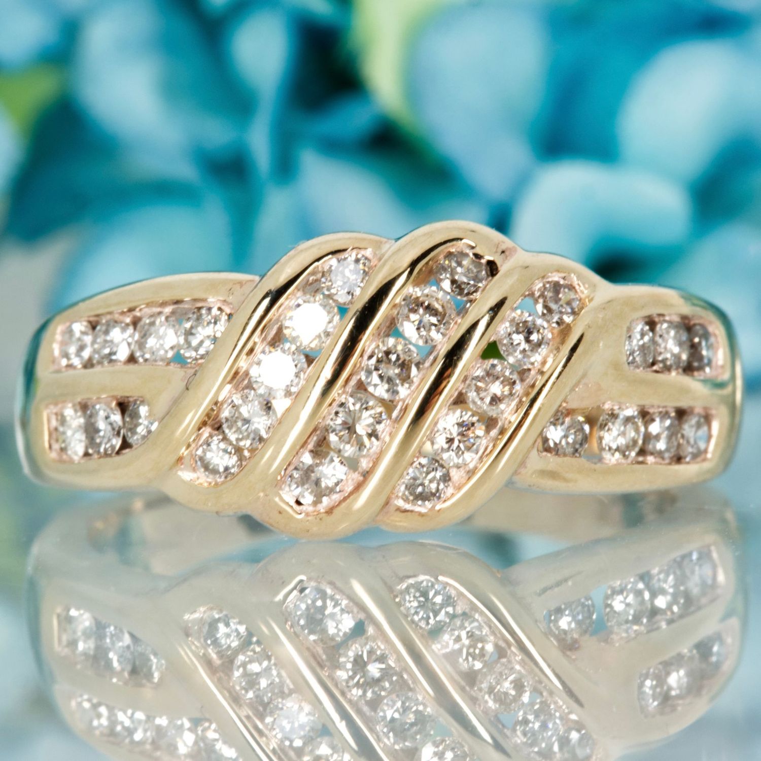 Pre-Loved 9ct Yellow Gold Round Brilliant Cut Diamond Channel Set Two Row Fancy Half Eternity Ring