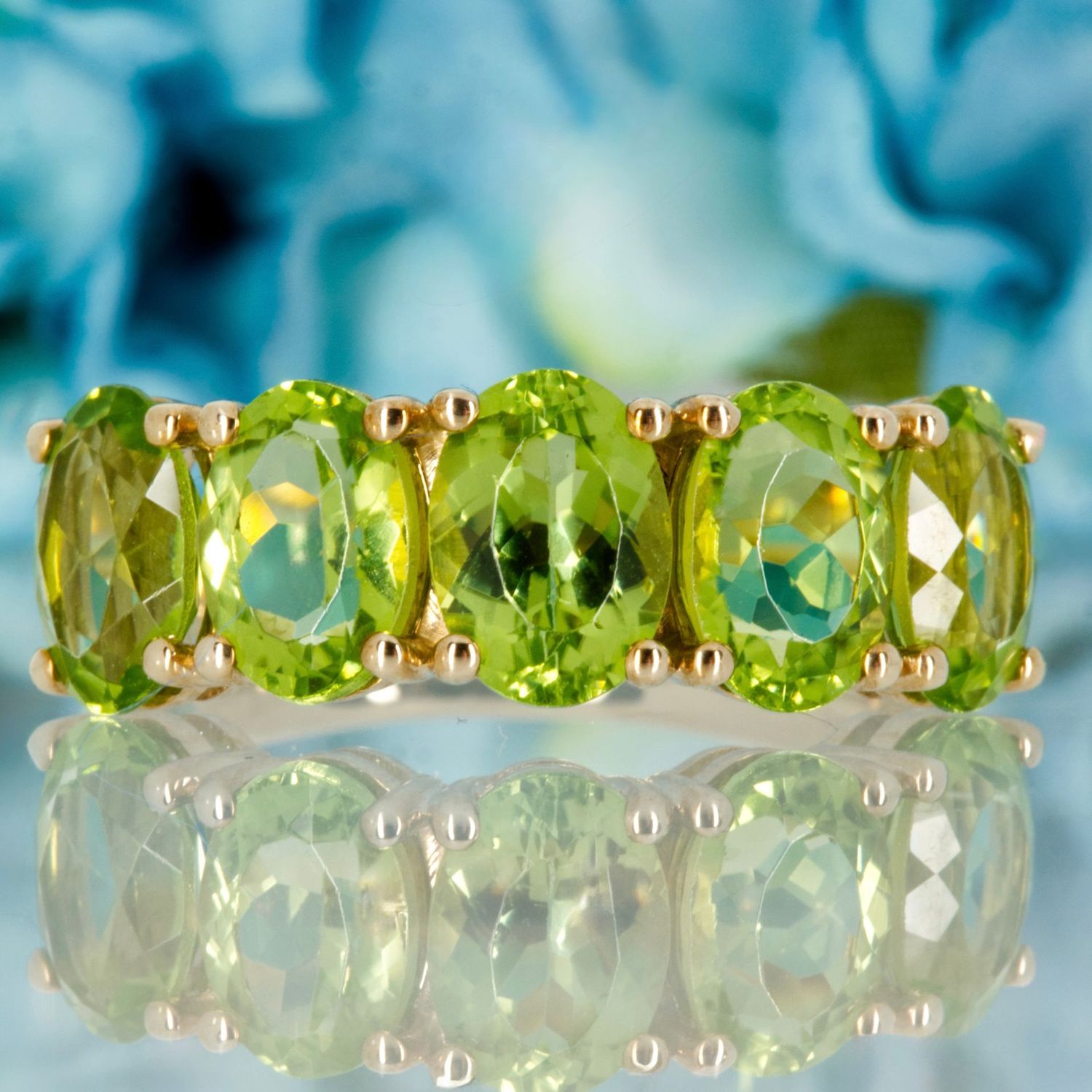 9ct Yellow Gold Oval Cut Peridot Five Stone Half Eternity Ring
