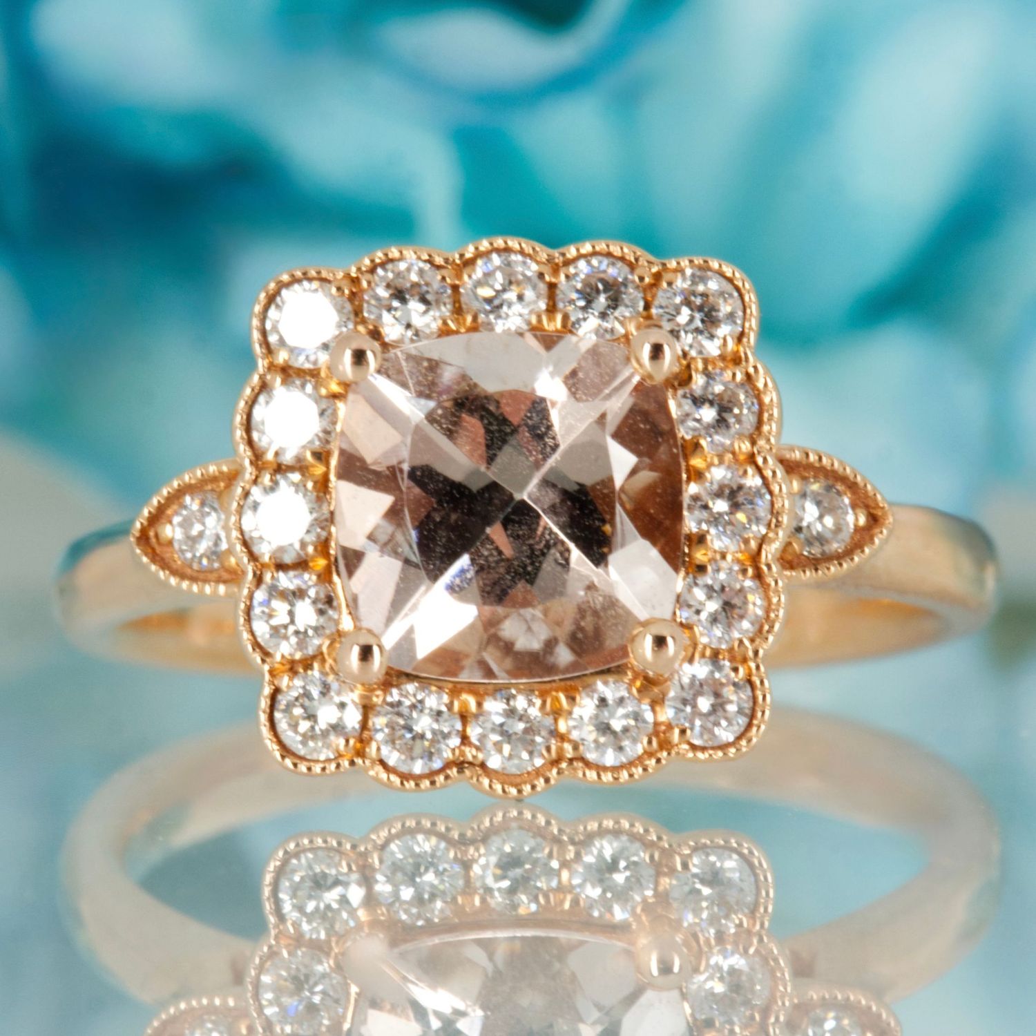 18ct Rose Gold Cushion Cut Morganite & Round Brilliant Cut Diamond Cluster Ring 18ct Rose Gold Cushion Cut Morganite & Round Brilliant Cut Diamond Cluster Ring